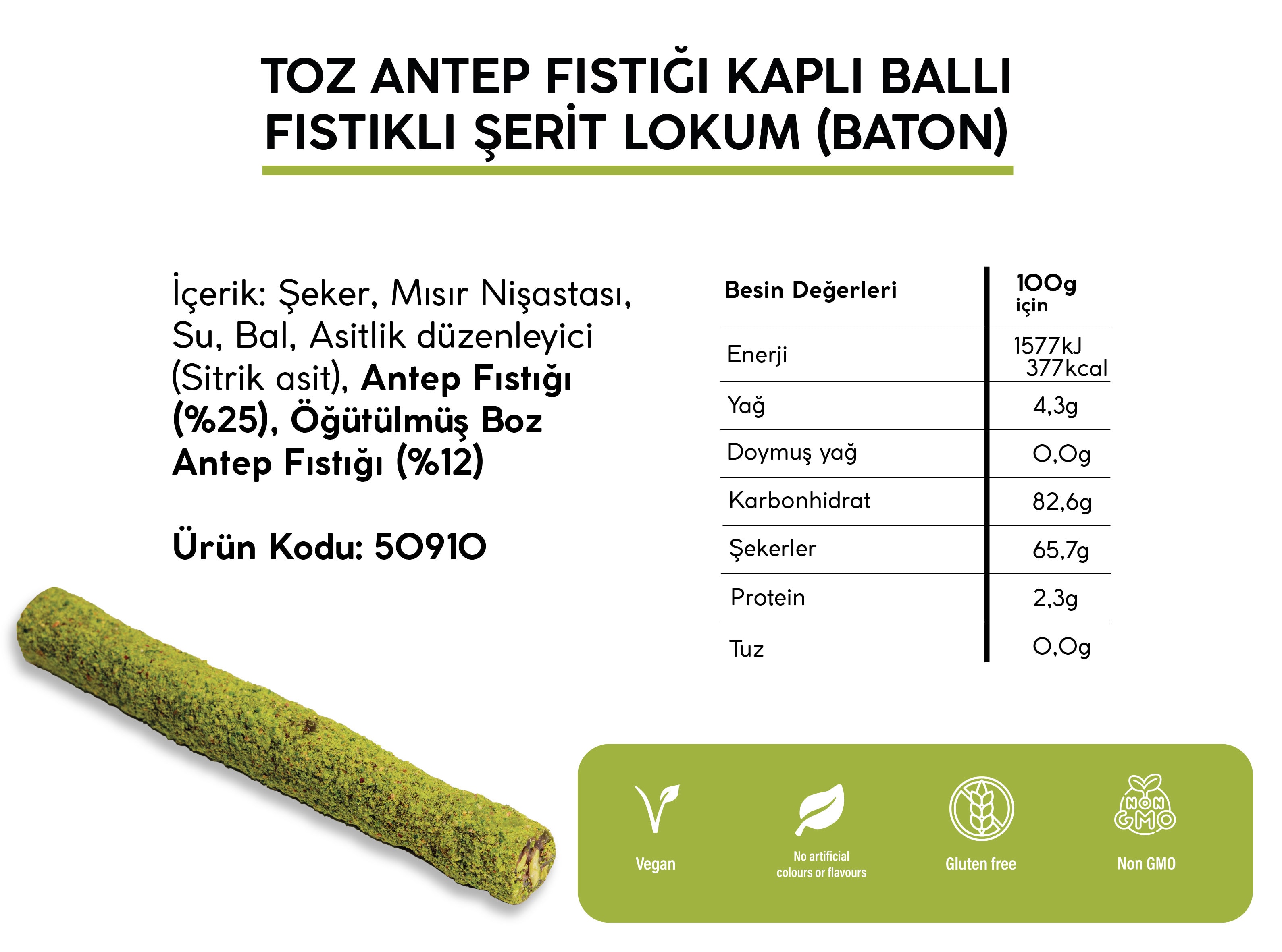 TOZ ANTEP FISTIĞI KAPLI BALLI FISTIKLI ŞERİT LOKUM *BATON* (5KG)