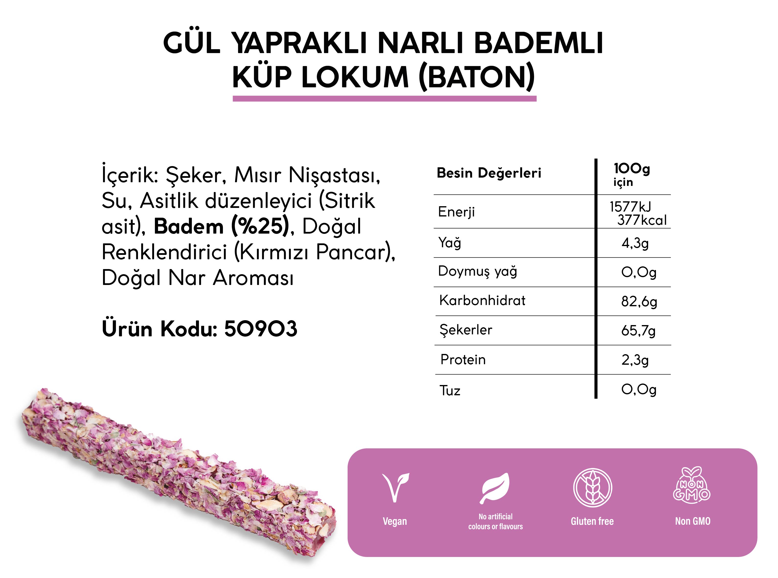 GÜL YAPRAK KAPLI NARLI BADEMLİ LOKUM *BATON* (5KG)