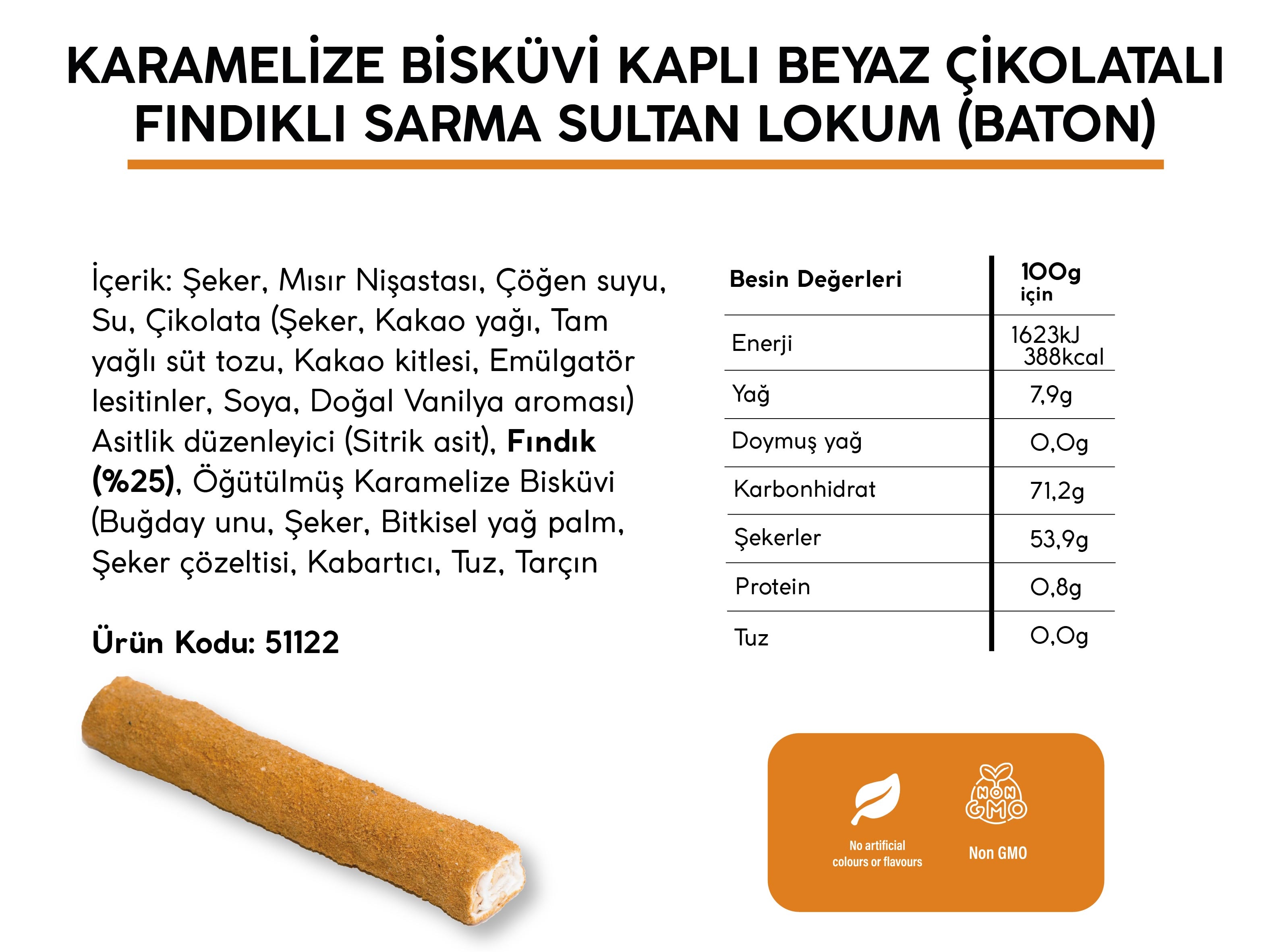 KARAMELİZE BİSKÜVİ KAPLI BEYAZ ÇİKOLATALI FINDIKLI SARMA SULTAN LOKUM *BATON* (4KG)
