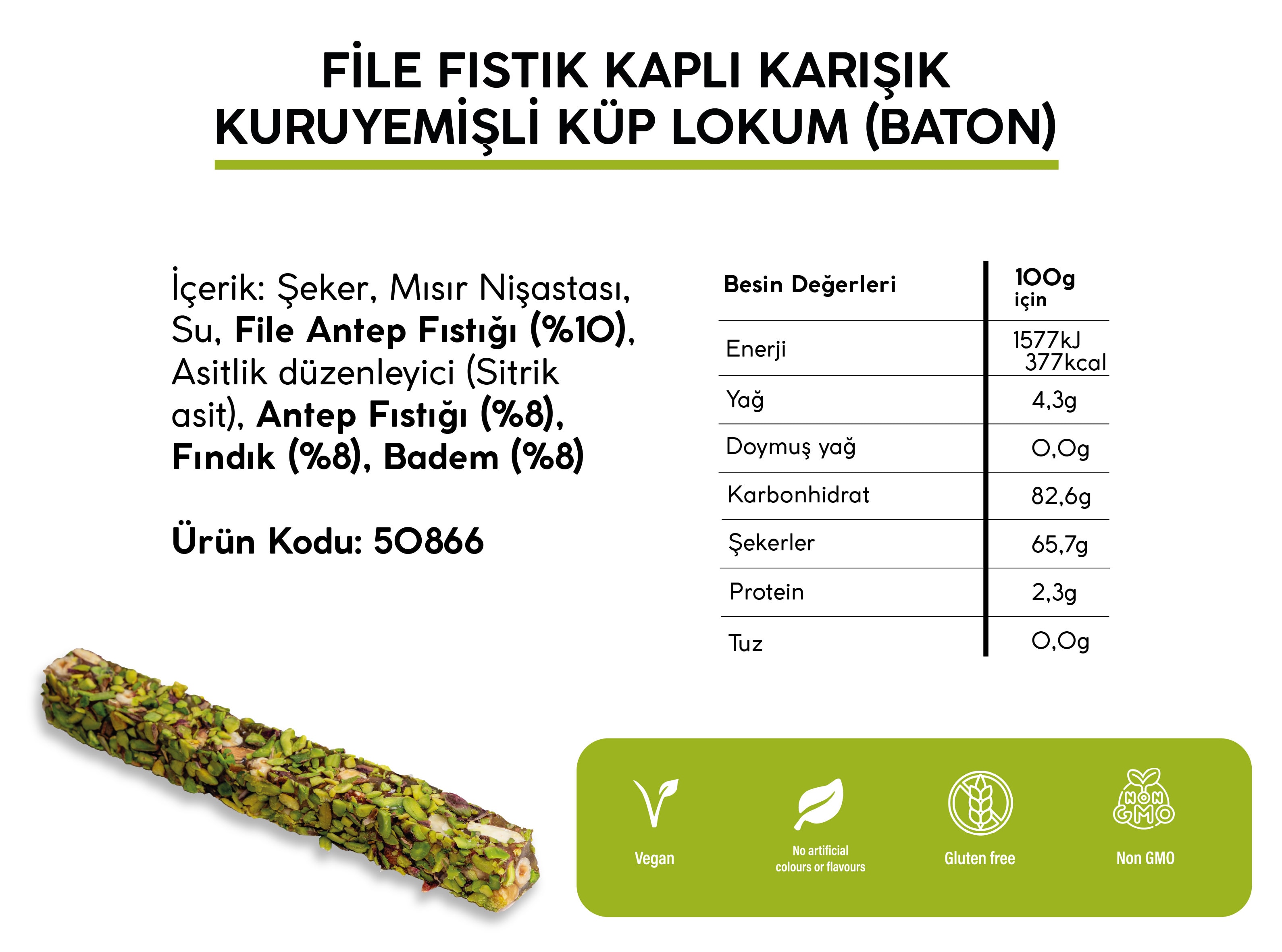 FİLE FISTIK KAPLI KARIŞIK KURUYEMİŞLİ LOKUM *BATON* (5KG)