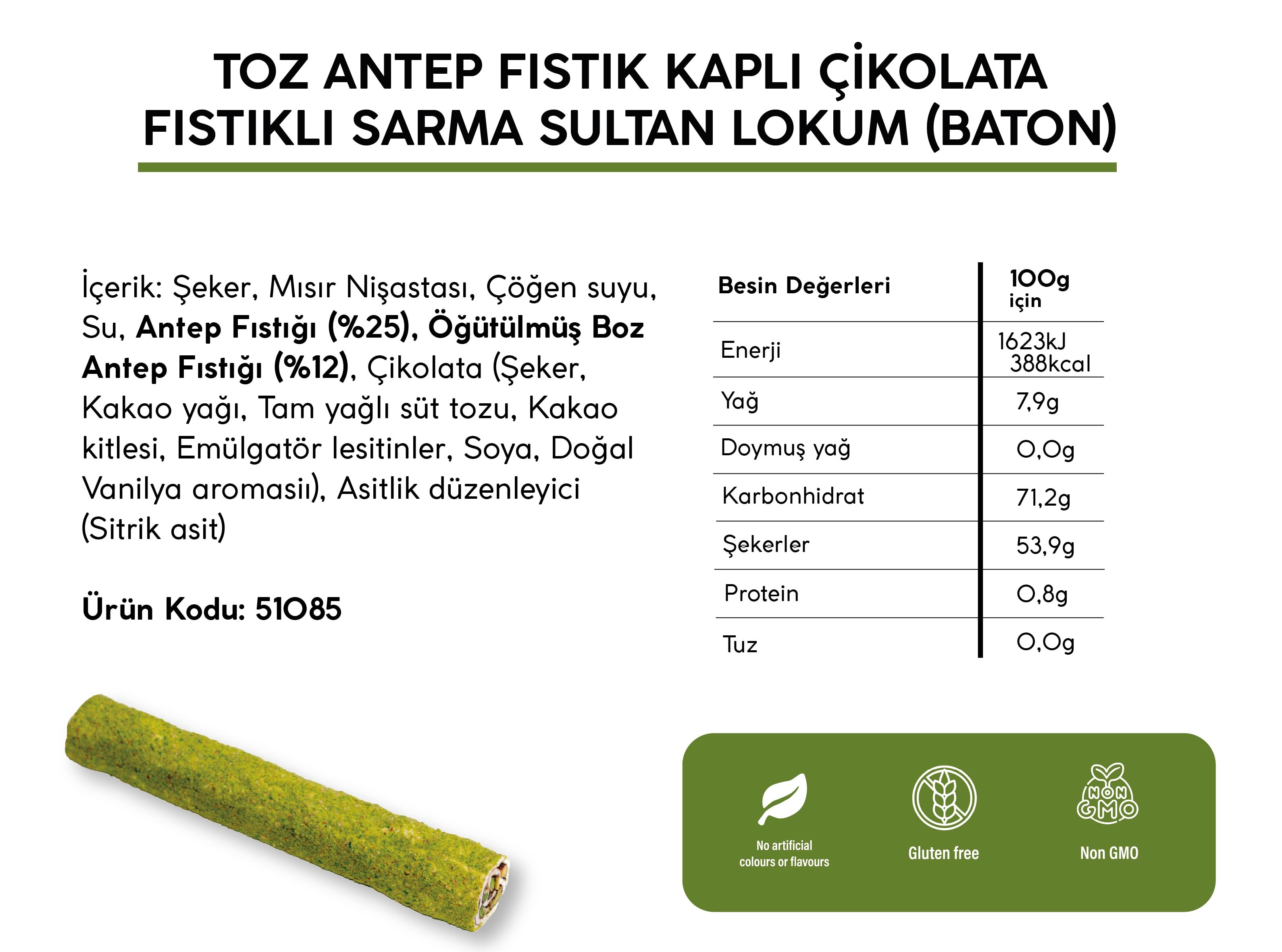 TOZ ANTEP FISTIK KAPLI ÇİKOLATA FISTIKLI SARMA SULTAN LOKUM *BATON* (4KG)