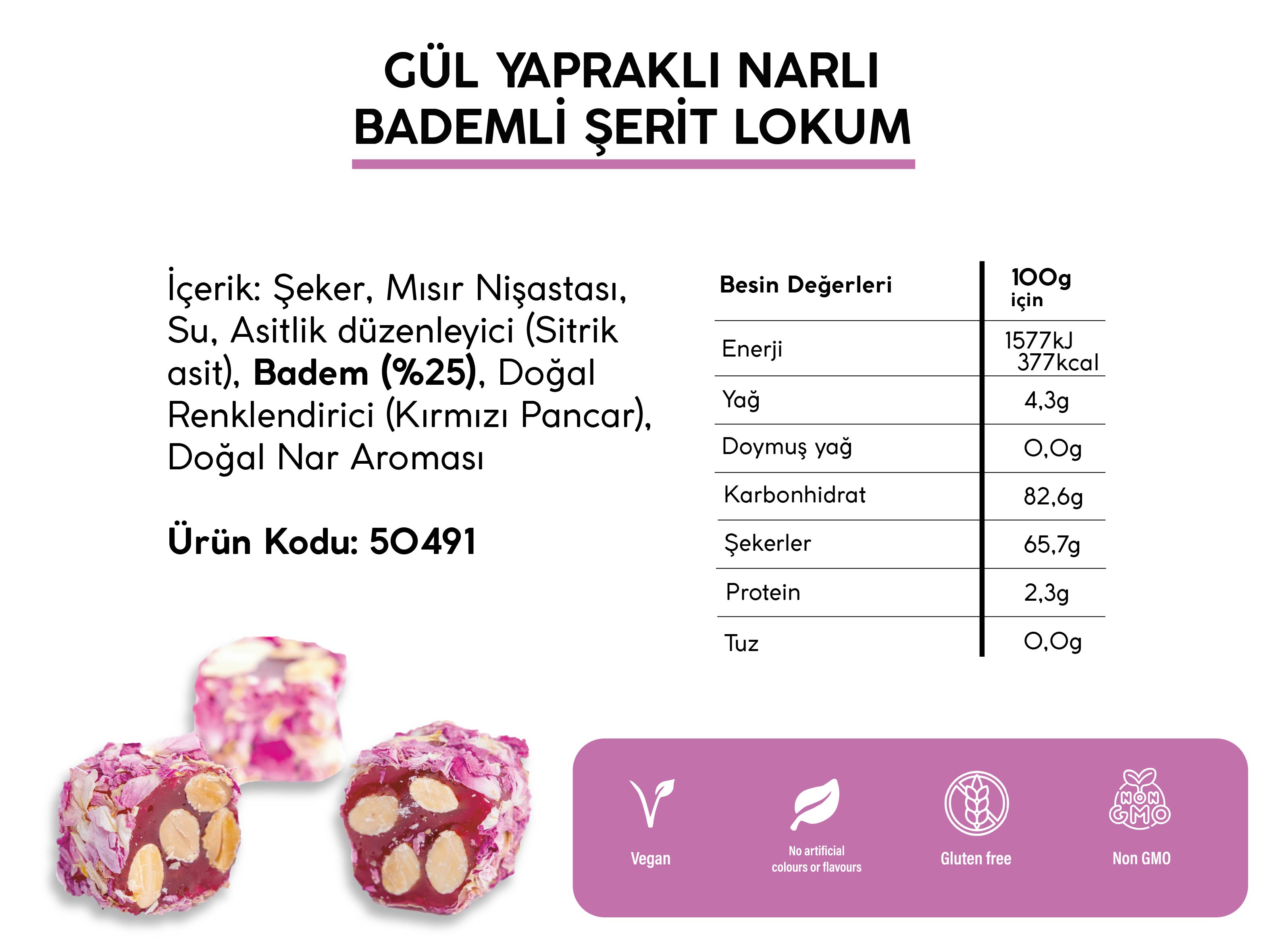 GÜL YAPRAKLI NARLI BADEMLİ ŞERİT LOKUM (5KG)