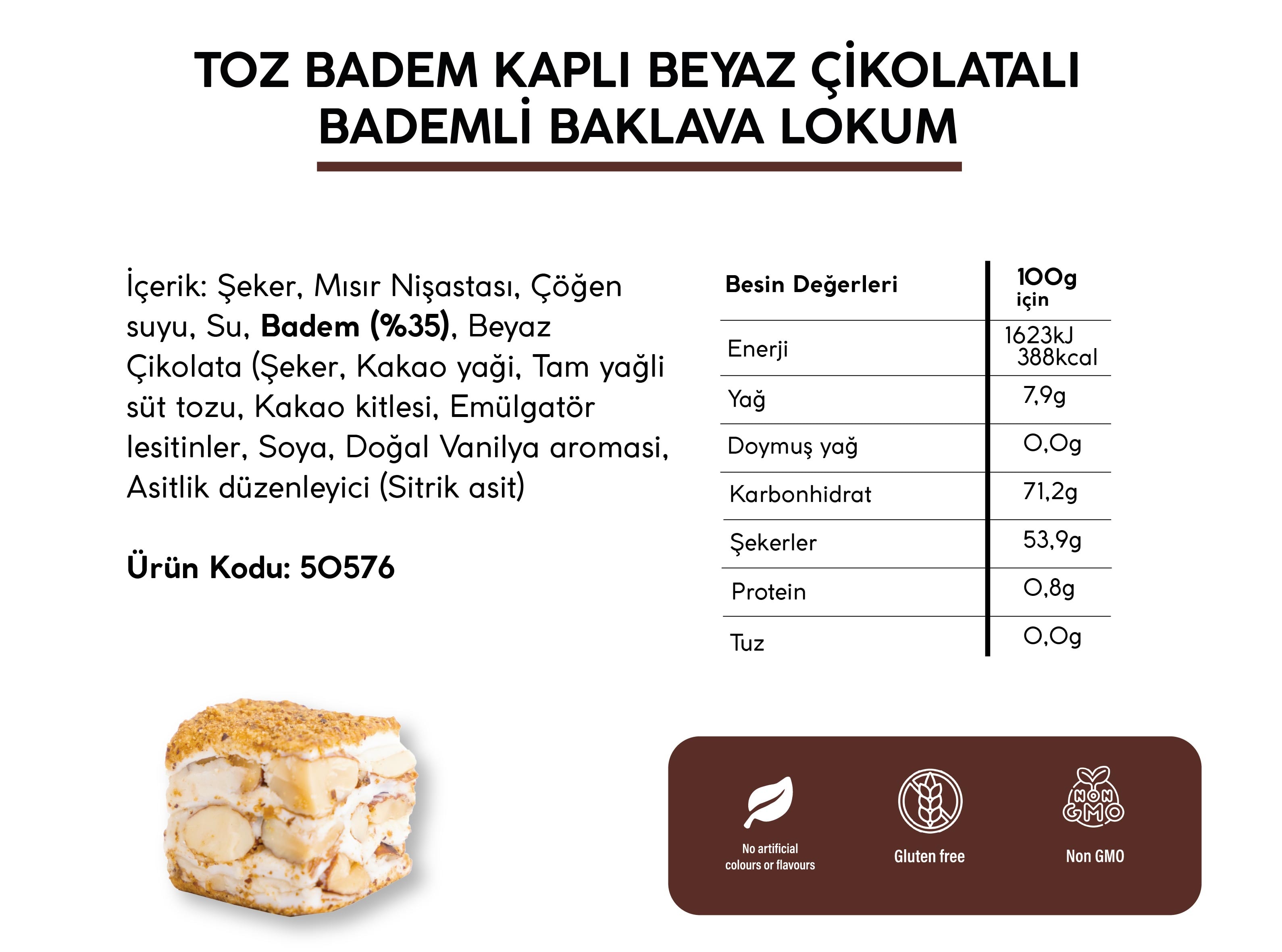 TOZ BADEM KAPLI BEYAZ ÇİKOLATALI BADEMLI BAKLAVA LOKUM (5KG)