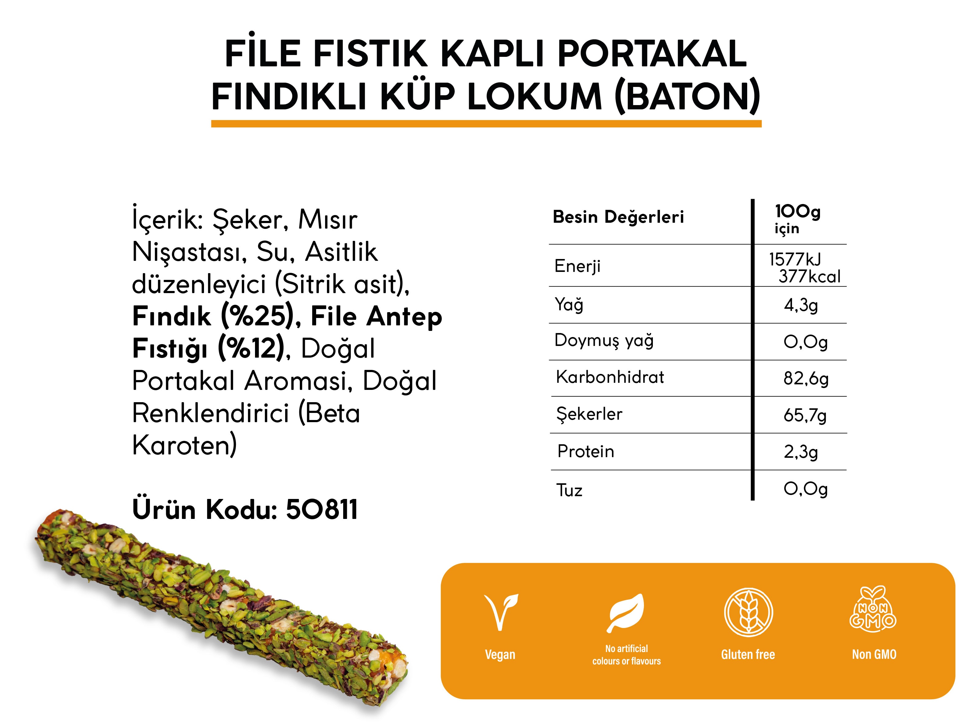 FİLE FISTIK KAPLI PORTAKAL FINDIKLI LOKUM *BATON* (5KG)