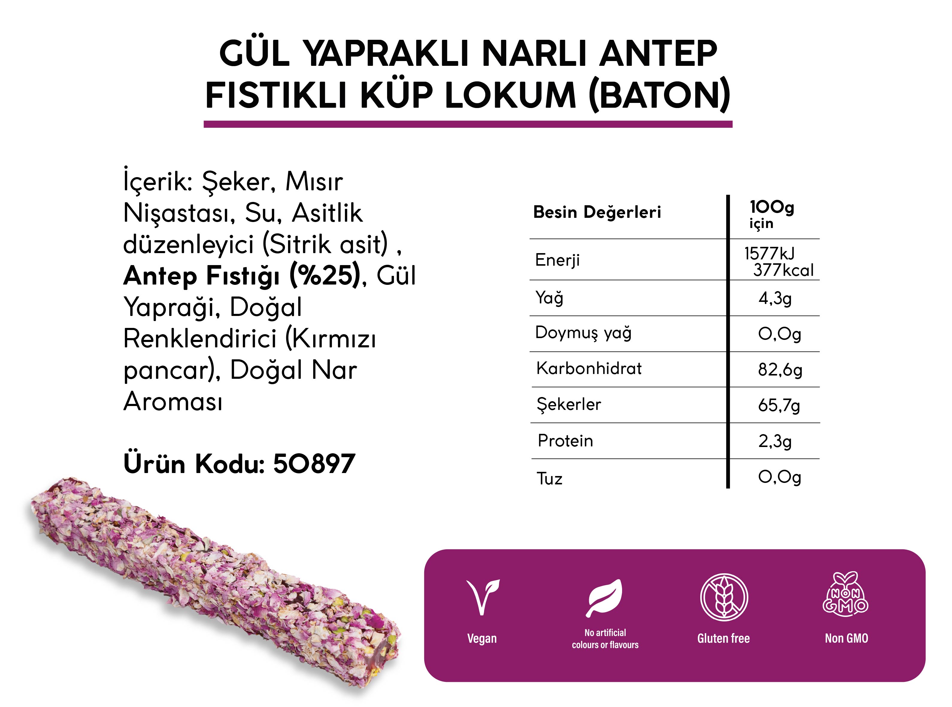 GÜL YAPRAK KAPLI NARLI ANTEP FISTIKLI LOKUM *BATON* (5KG)