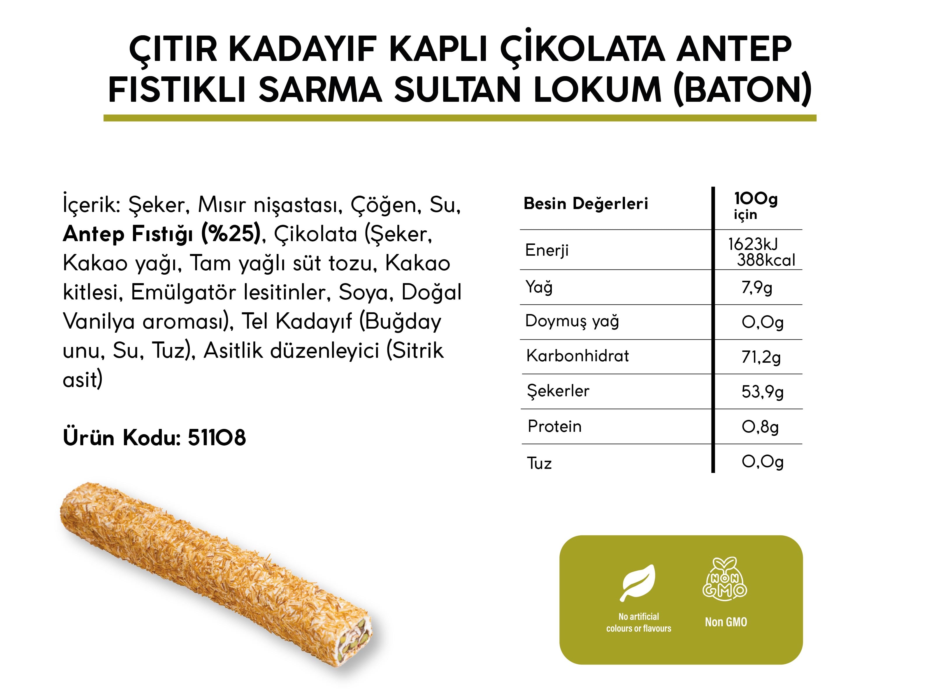 ÇITIR KADAYIF KAPLI ÇİKOLATALI ANTEP FISTIKLI SARMA SULTAN LOKUM *BATON* (4KG)
