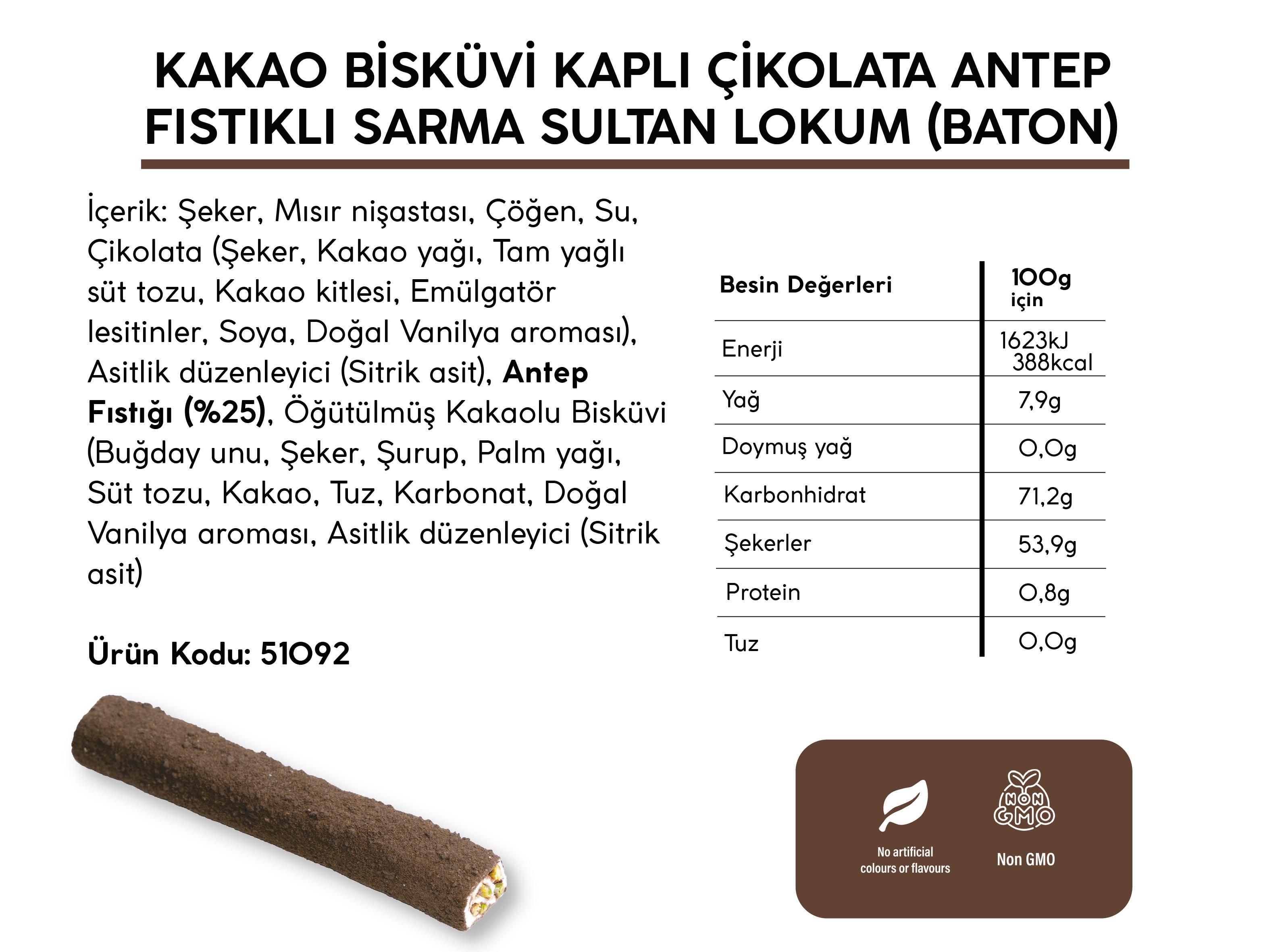 KAKOLU BİSKÜVİ KAPLI ÇİKOLATA ANTEP FISTIKLI SARMA SULTAN LOKUM *BATON* (4KG)