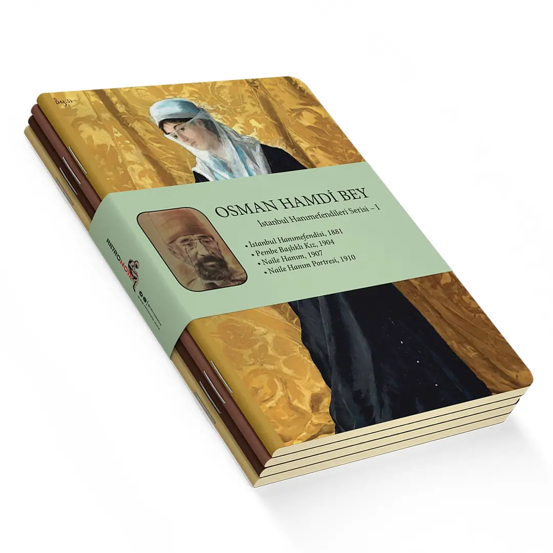 Retronote Kaplumbağa Serisi - A6, Osman Hamdi Bey 4'lü Defter Seti III, Çizgisiz, Toplam 192 Sayfa, Her Biri 48 Sayfa, Tel Dikiş, Esnek Kapak, Oval Kenar, Tuval Doku, 60 Gram, Sarı Krem