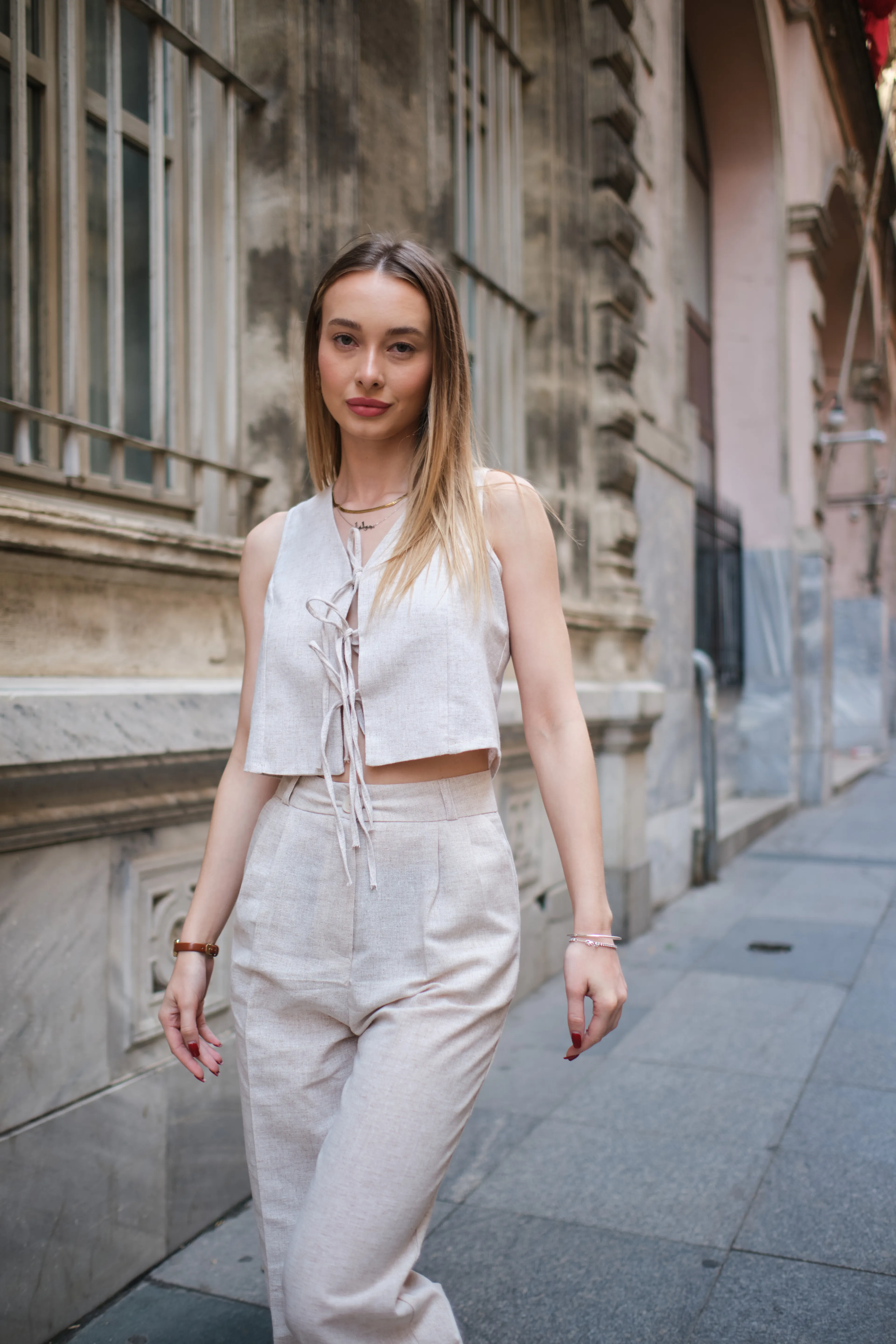 Voile d’Âme Kadın Bej Ham Keten İpli Yelek Palazzo Takım