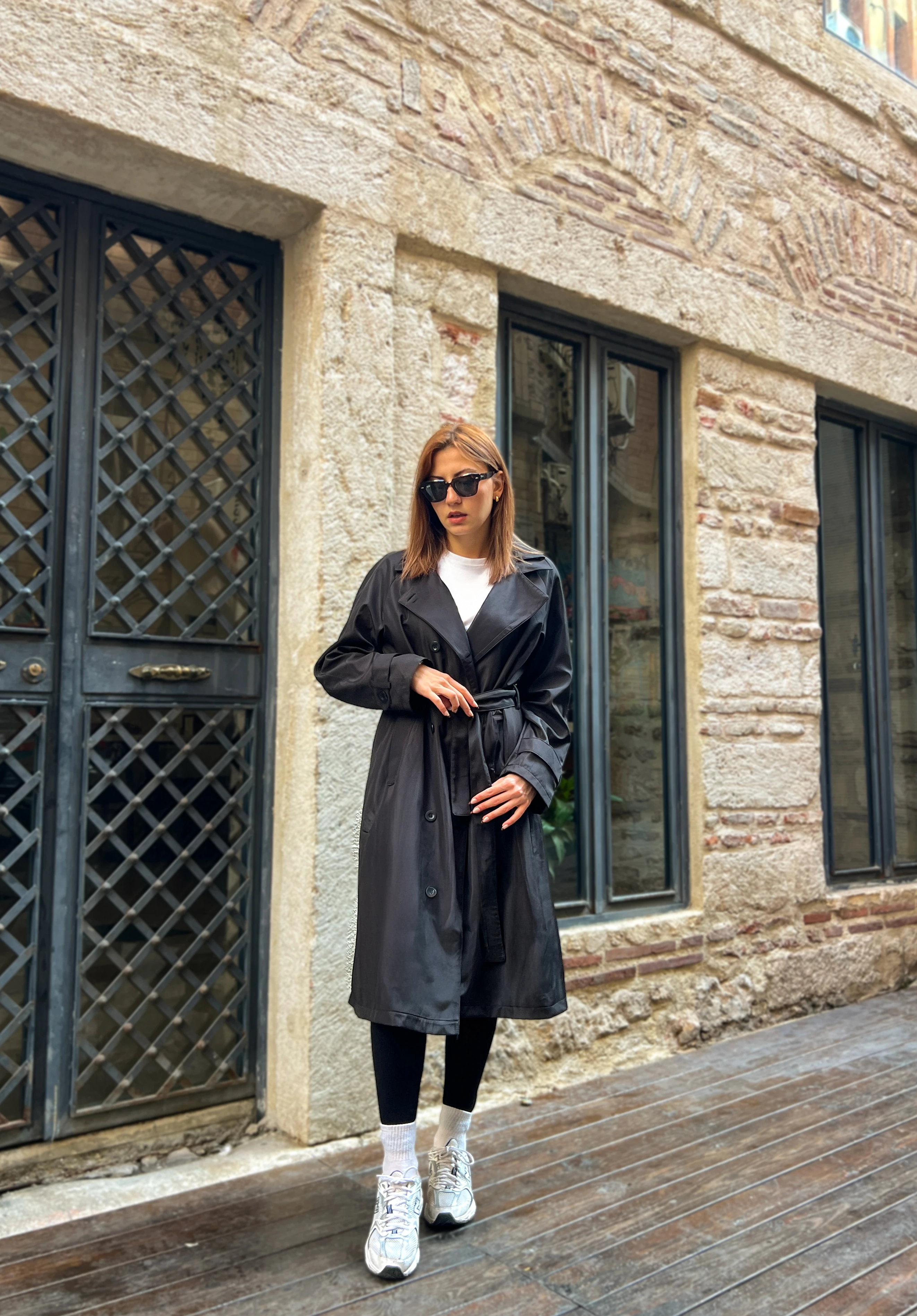 Lune Grise Kadın Uzun Şık Belden Bağlamalı Rahat Trençkot - siyah