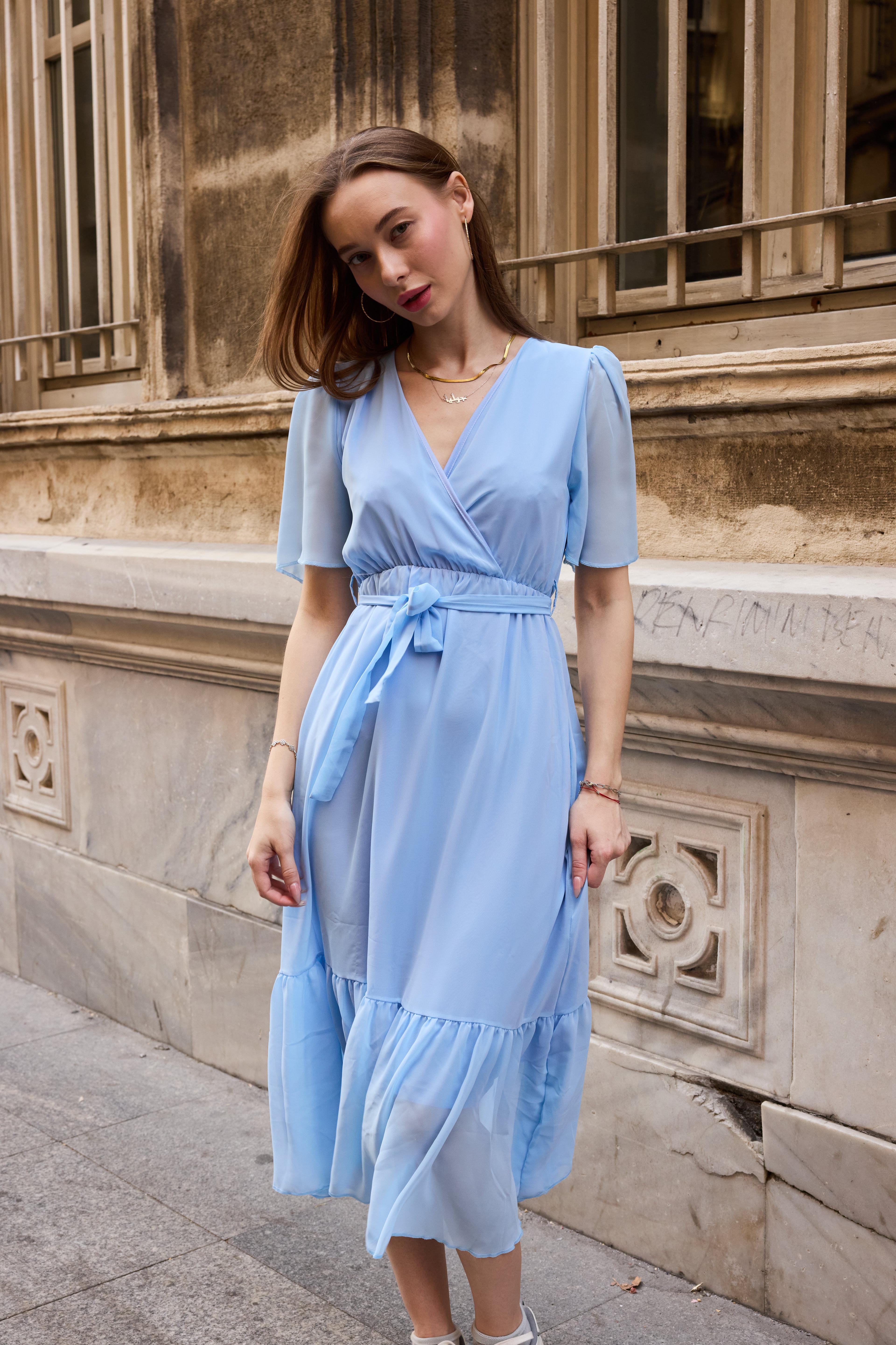 Bleu Bébé Pastel Kadın Pastel Mavi V Yaka Şifon Kuşaklı Midi Elbise
