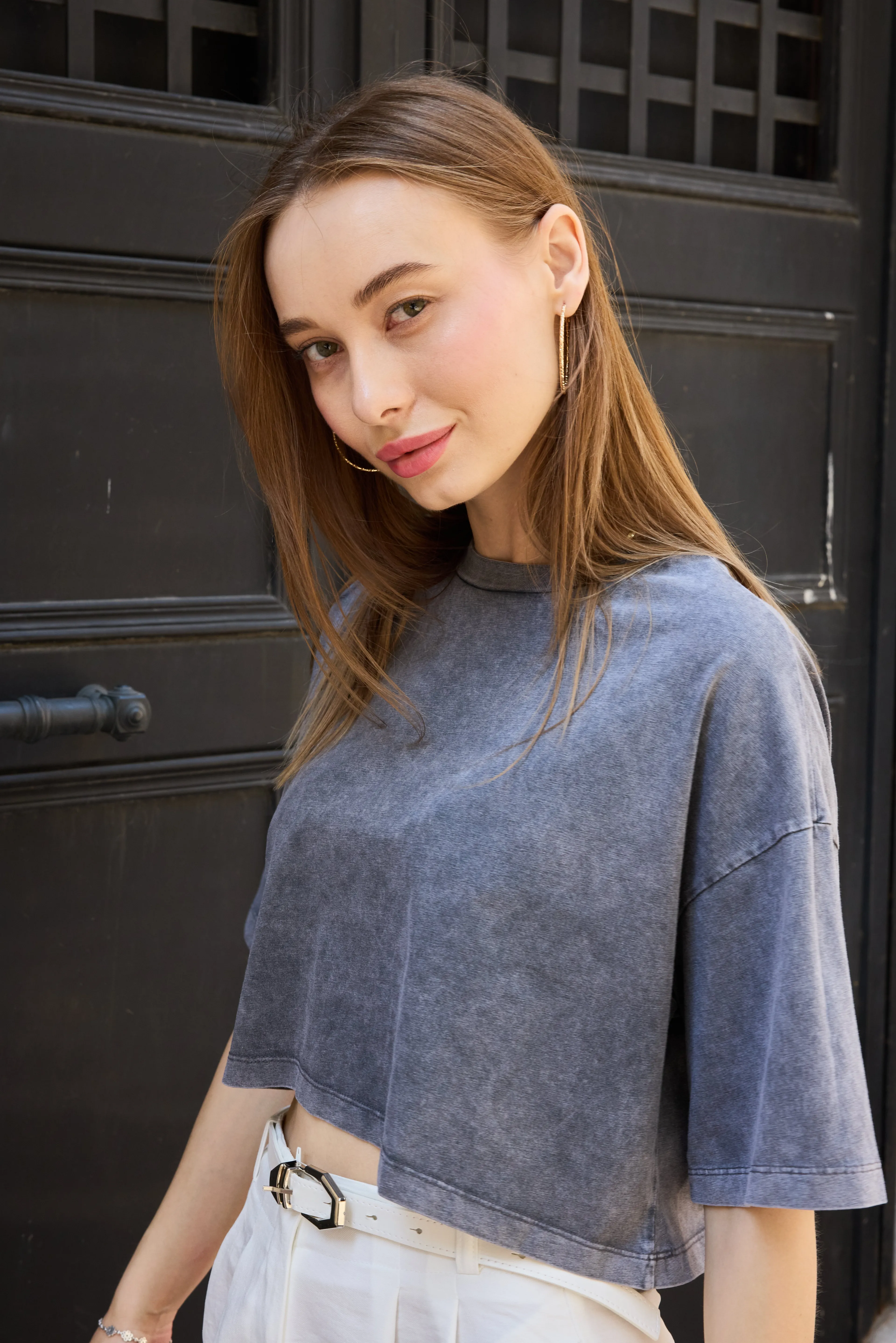 Crop Gris Anthracite Yıkamalı Kumaş Antrasit Crop Tshirt