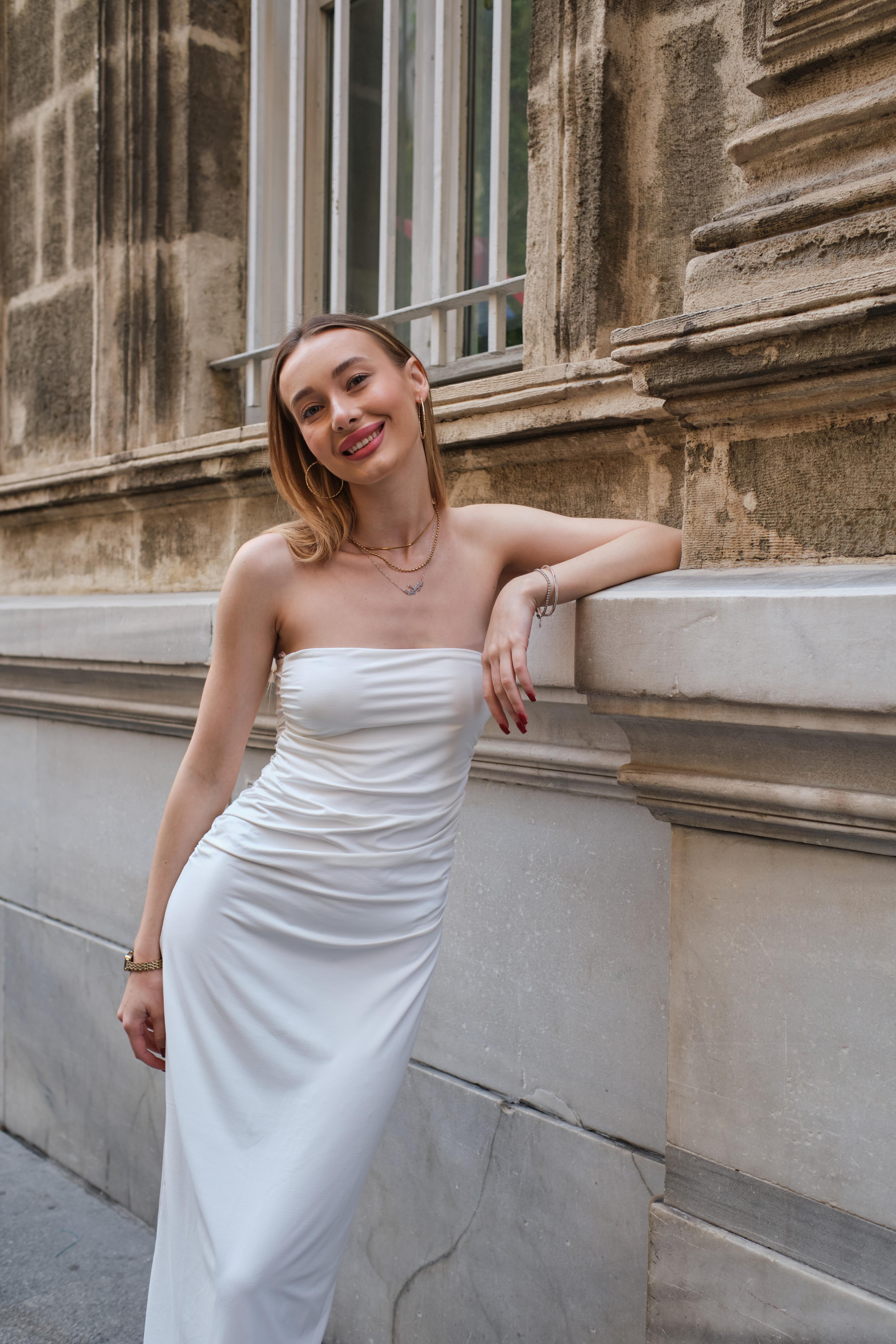 Elegance Pierre Straplez Elbise - beyaz