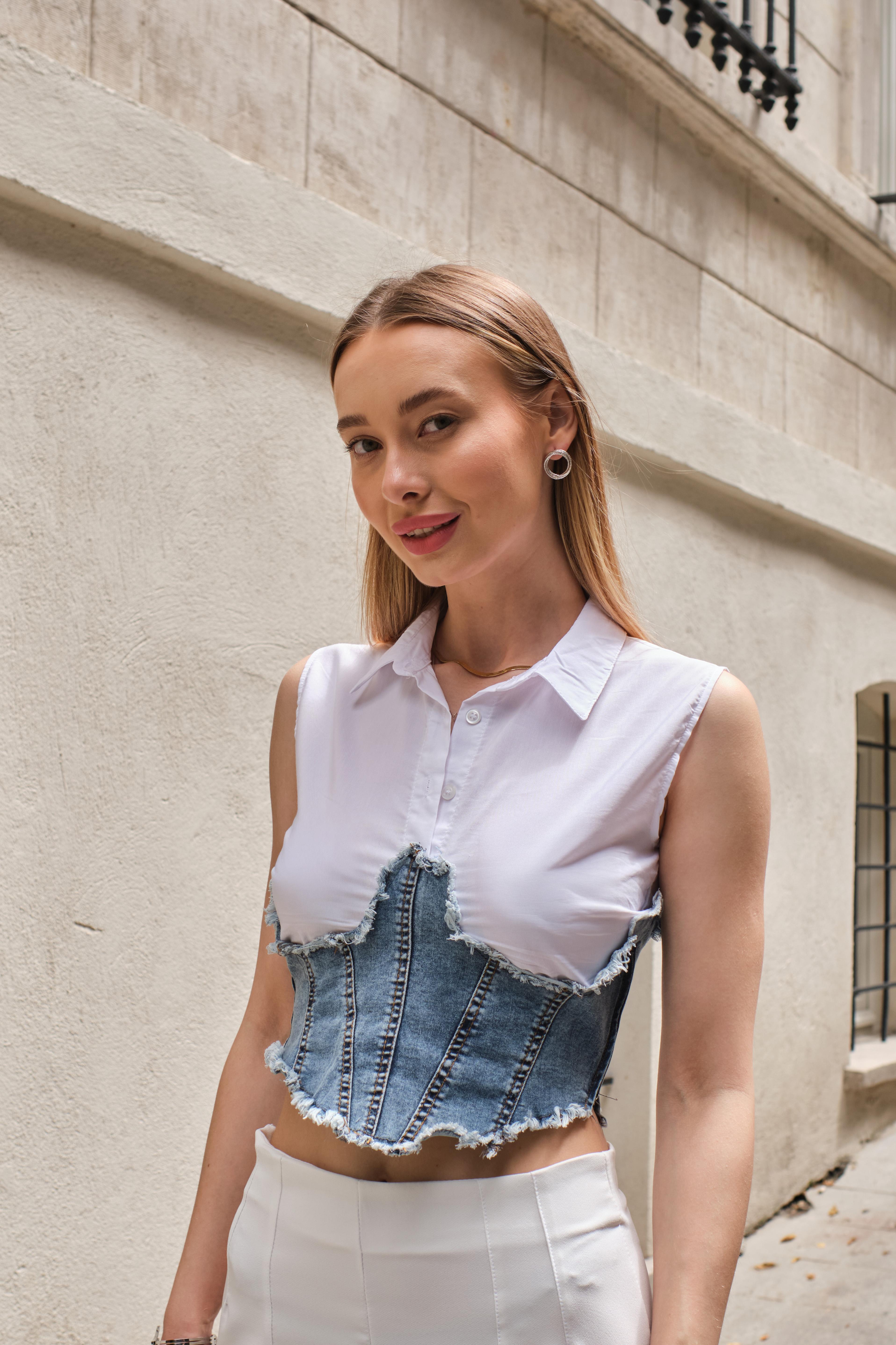 Corset Denim Blanc Kot Korse Detaylı Rahat Gömlek Crop