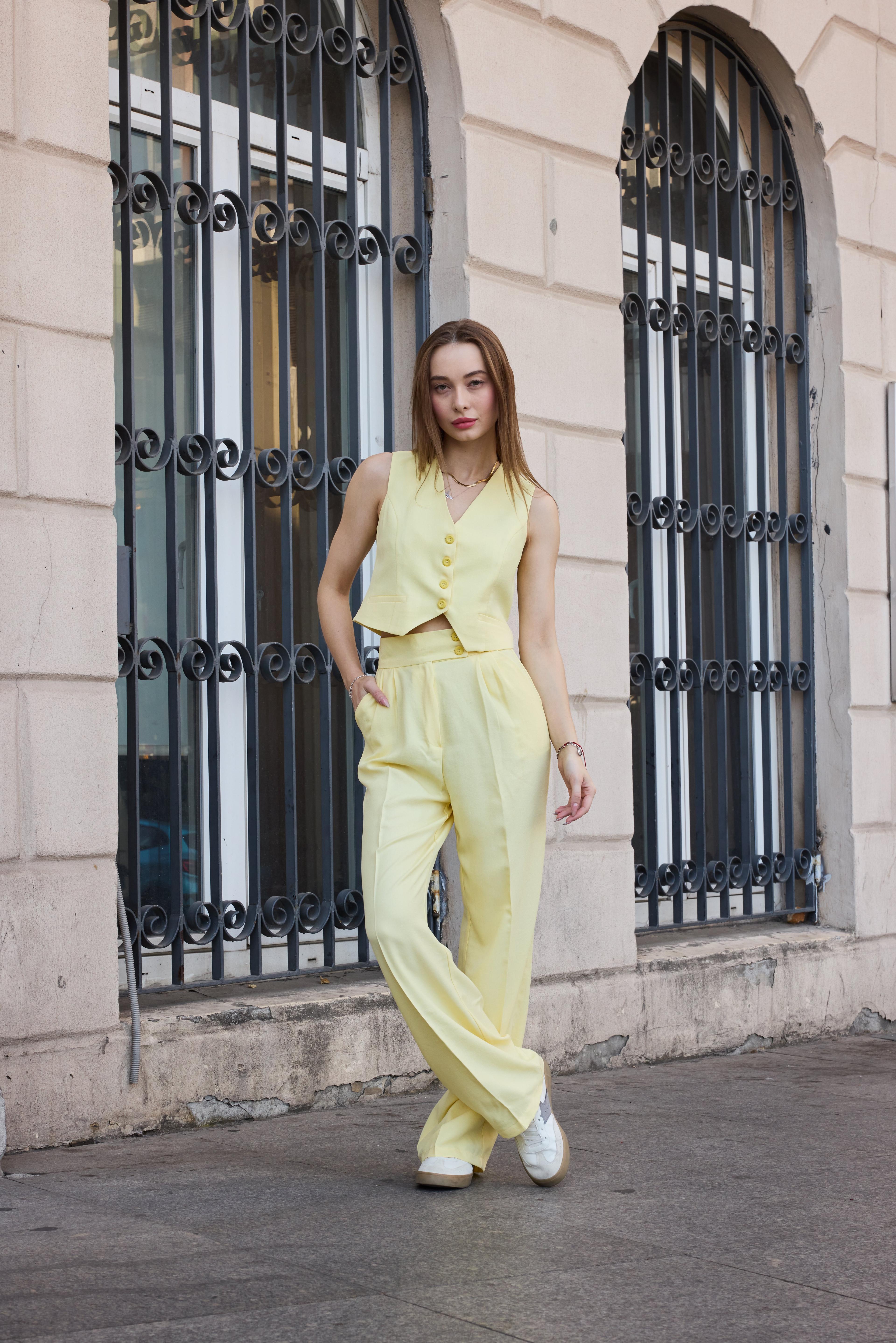 Soleil Chic Kadın Sarı Pastel Yüksek Bel Palazzo Pantolon & Yelek Takımı