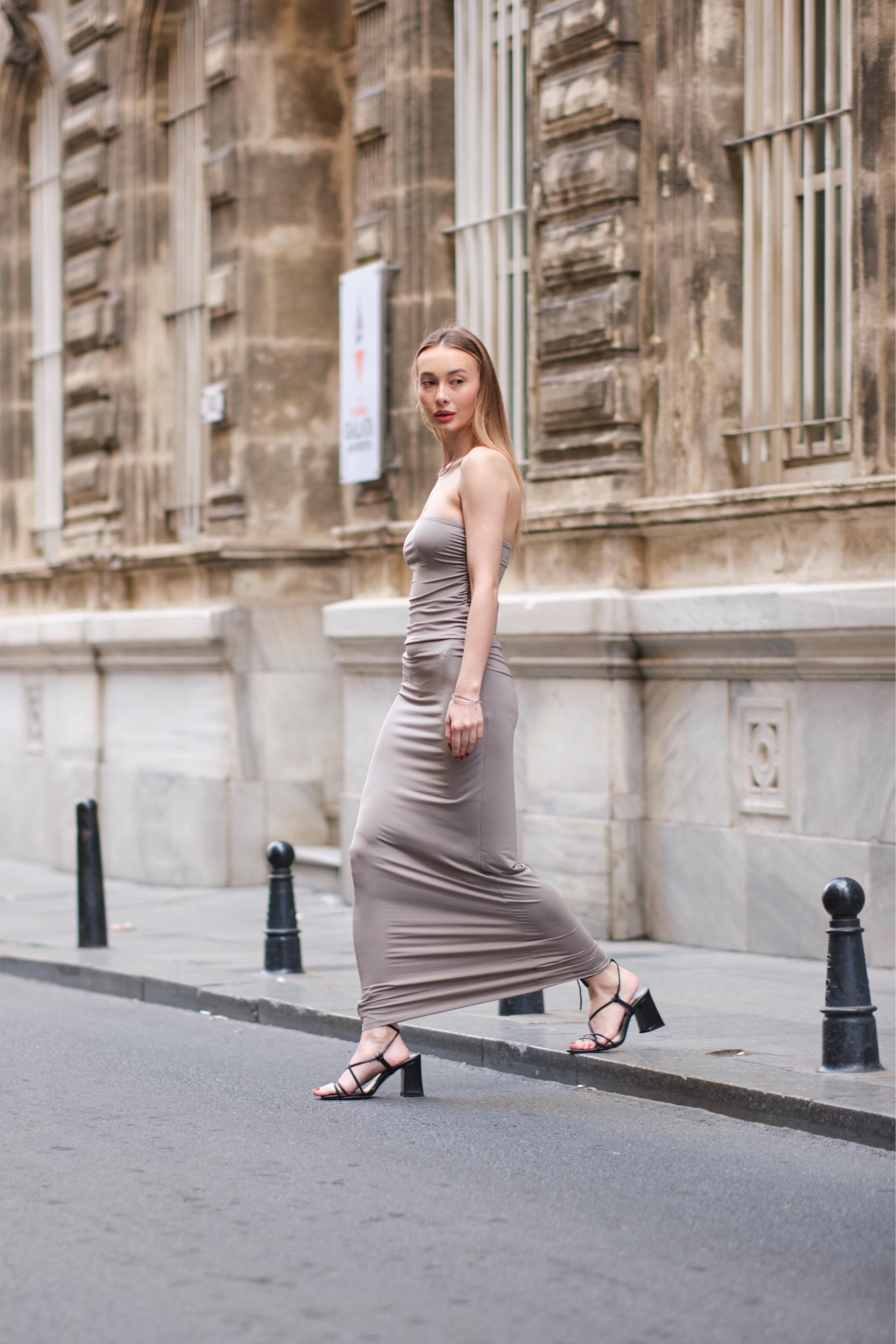 Elegance Pierre Straplez Elbise - bej