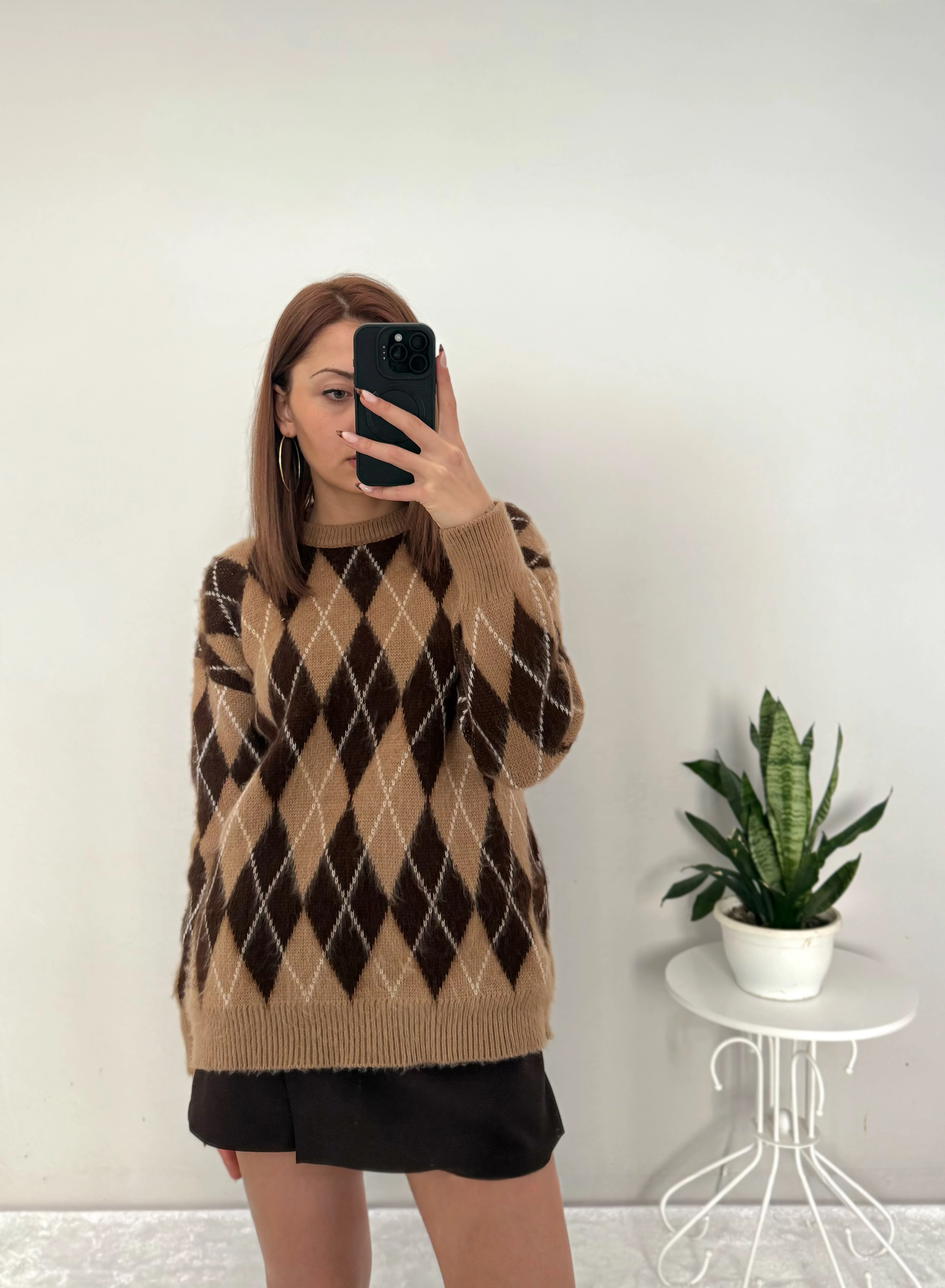 Douceur Yumuşak Dokulu Baklava Desenli Kazak - kahverengi