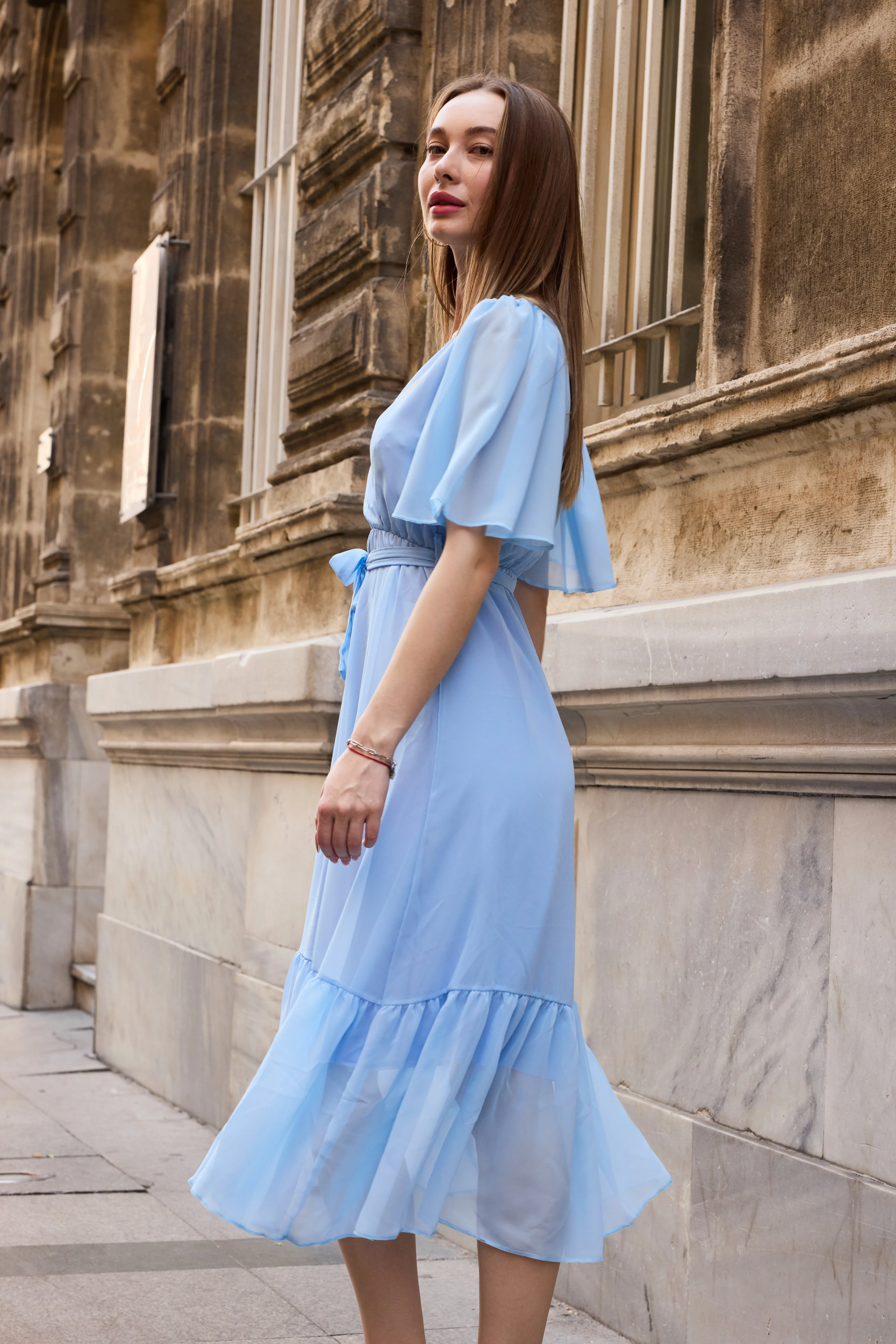 Bleu Bébé Pastel Kadın Pastel Mavi V Yaka Şifon Kuşaklı Midi Elbise