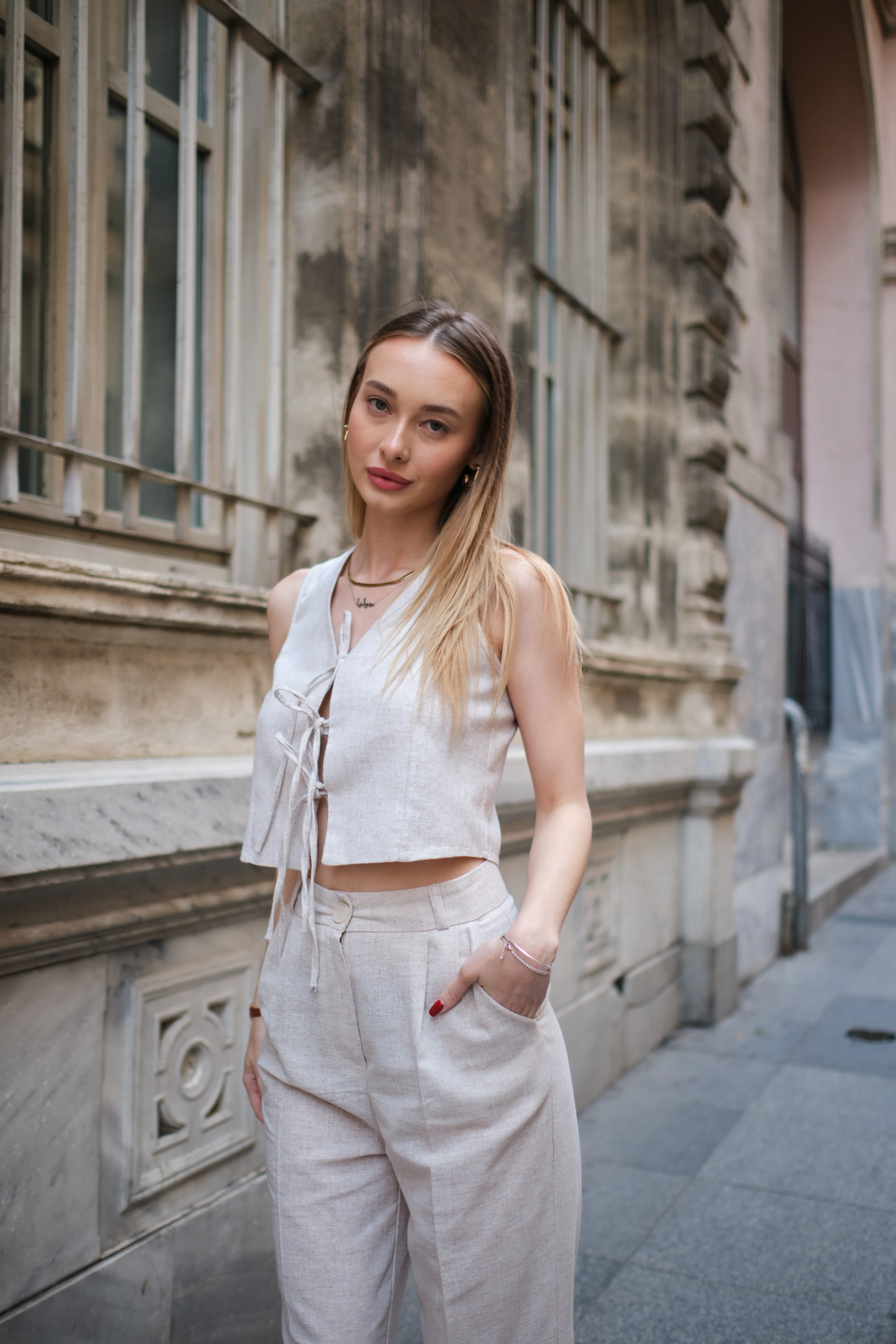 Voile d’Âme Kadın Bej Ham Keten İpli Yelek Palazzo Takım