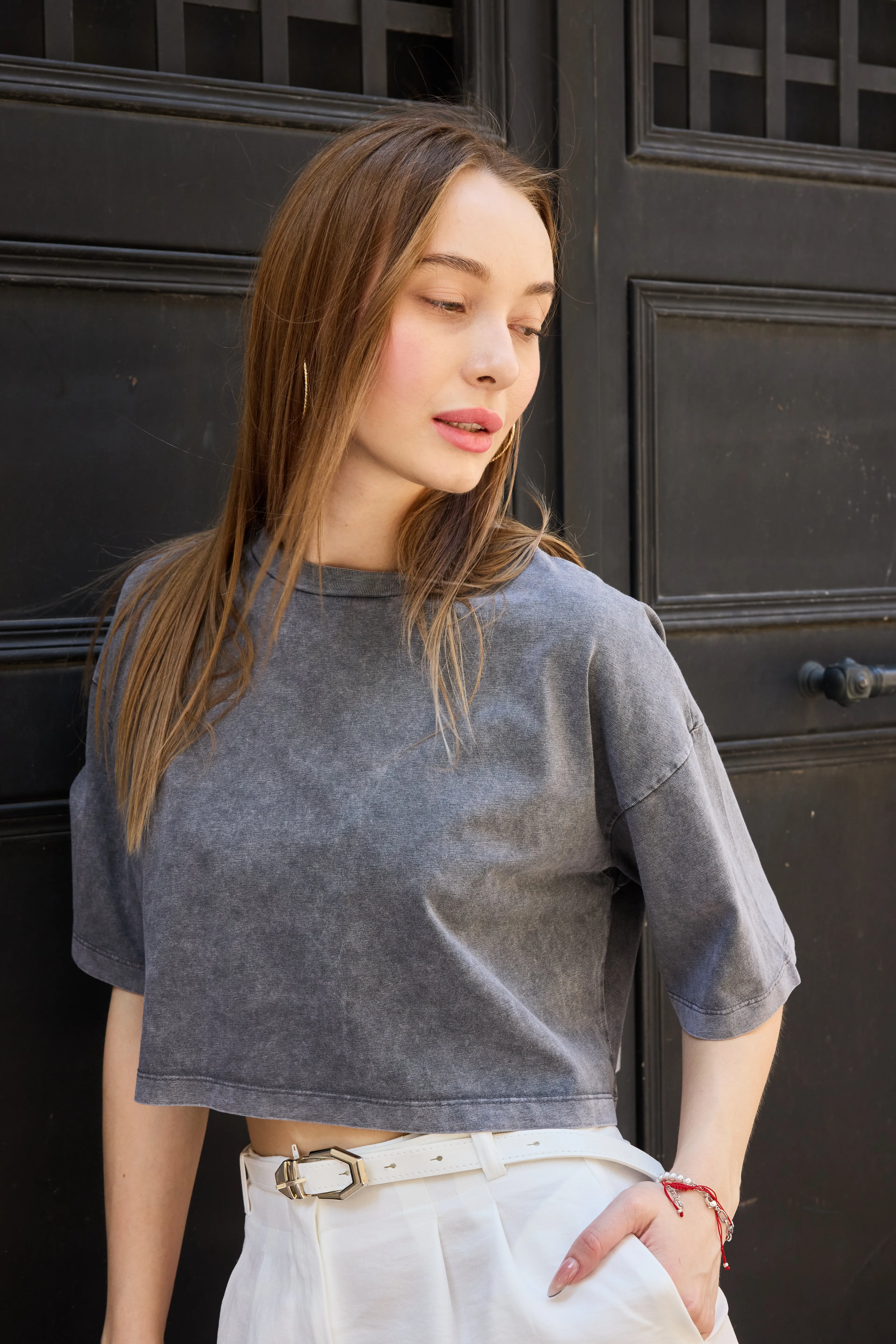 Crop Gris Anthracite Yıkamalı Kumaş Antrasit Crop Tshirt