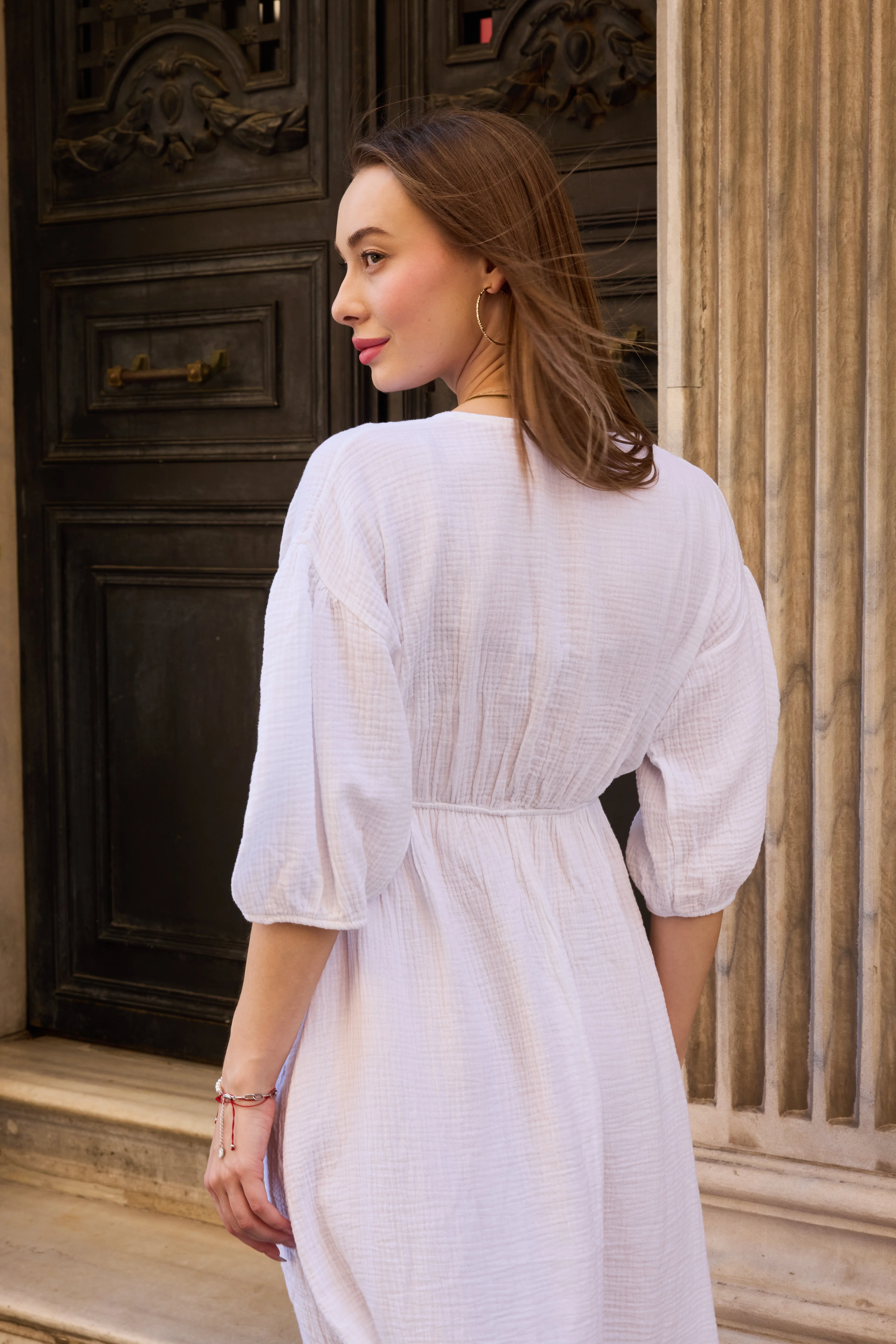  L'Ange Blanc Kadın Beyaz V Yaka Müslin Dokulu Salaş Günlük Elbise