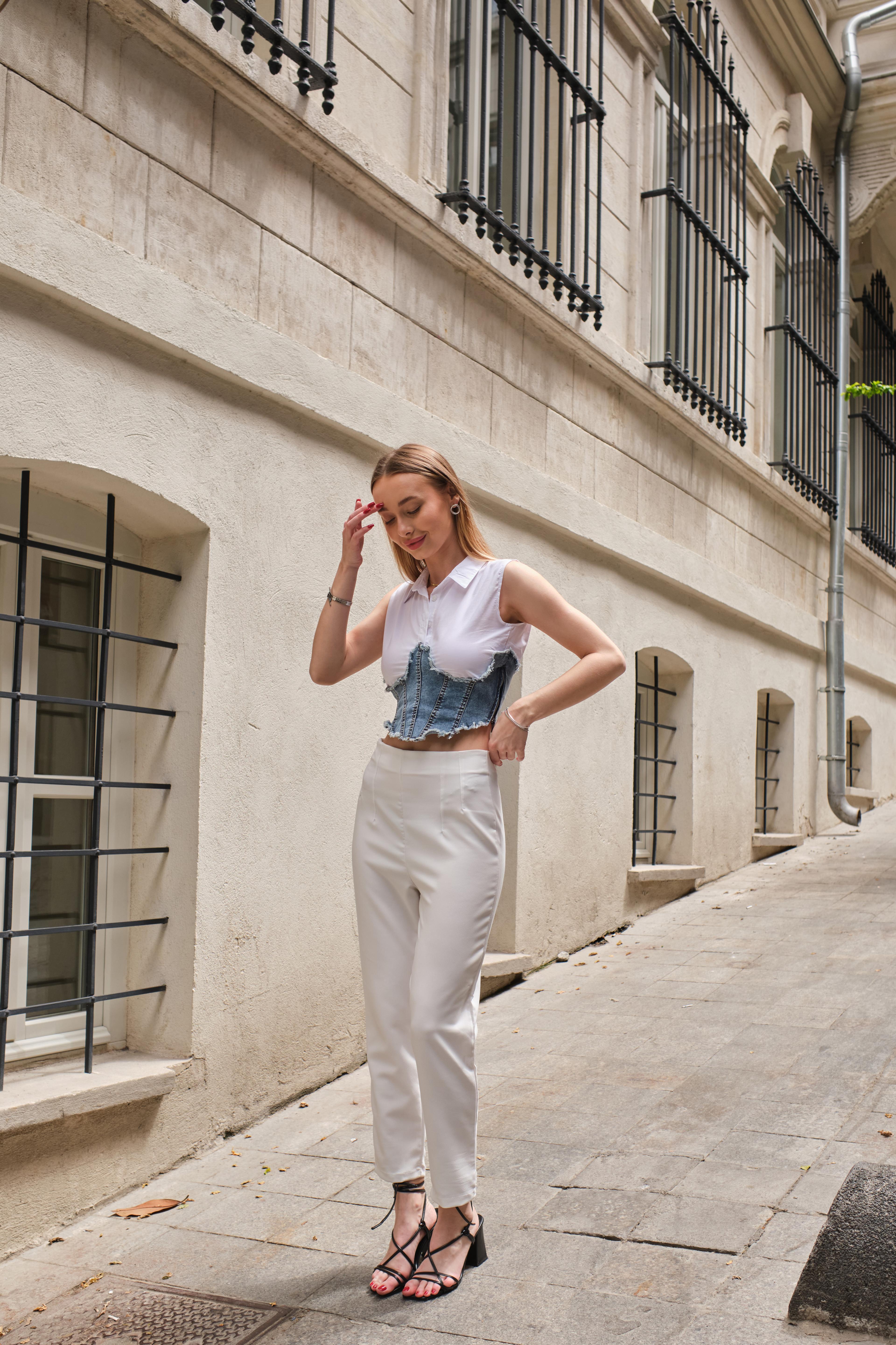 Corset Denim Blanc Kot Korse Detaylı Rahat Gömlek Crop
