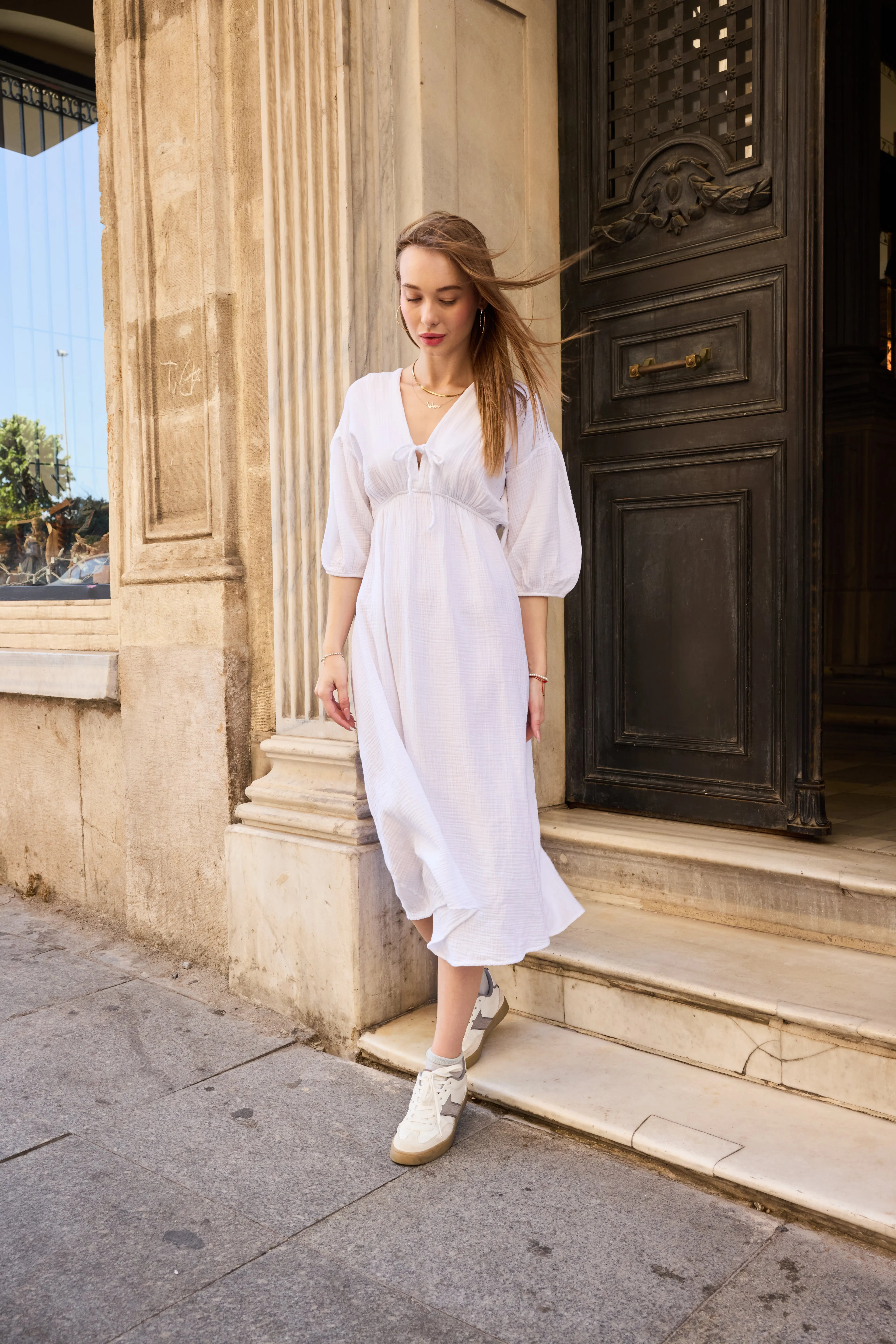  L'Ange Blanc Kadın Beyaz V Yaka Müslin Dokulu Salaş Günlük Elbise