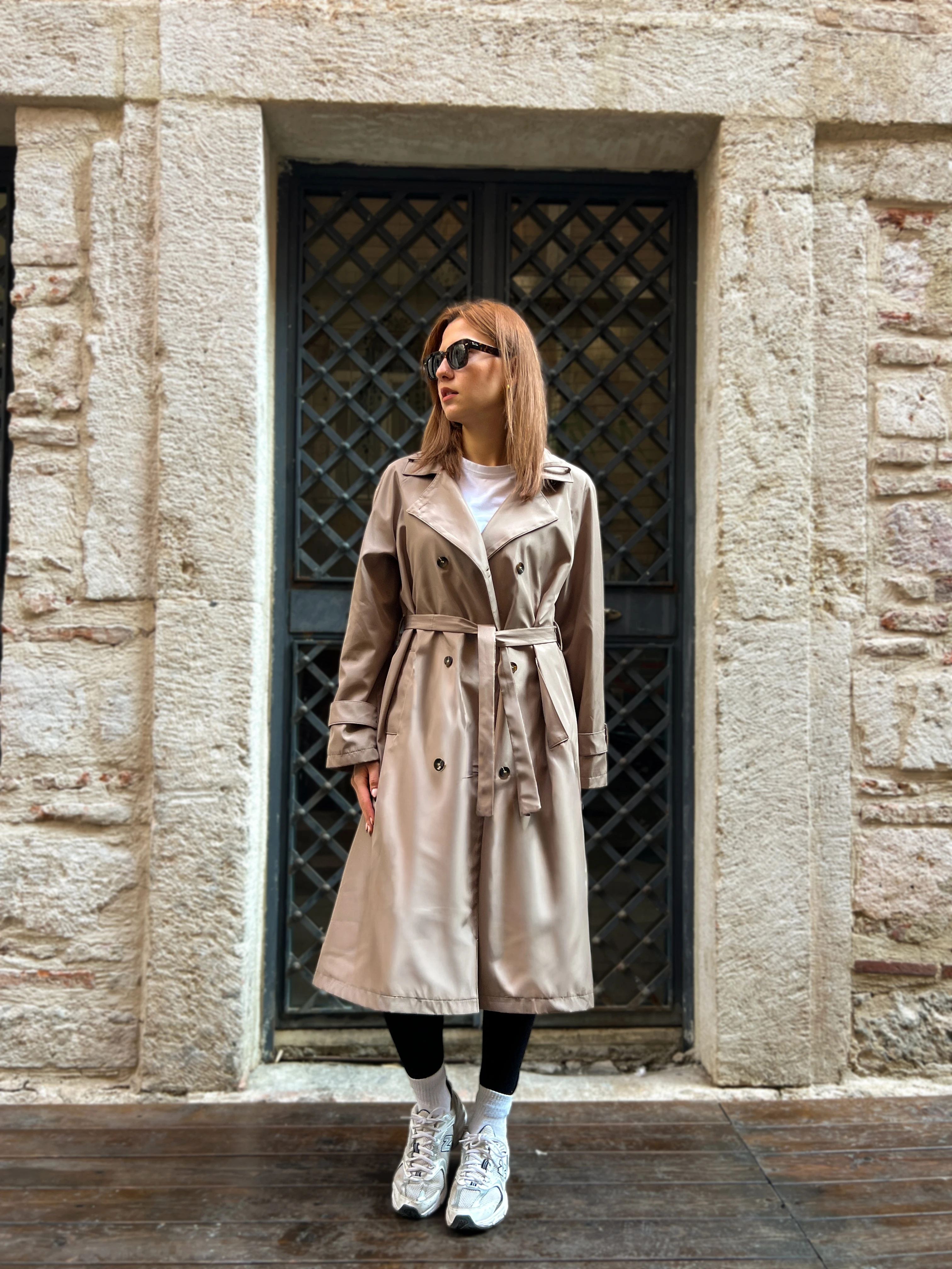 Lune Grise Kadın Uzun Şık Belden Bağlamalı Rahat Trençkot - taş rengi