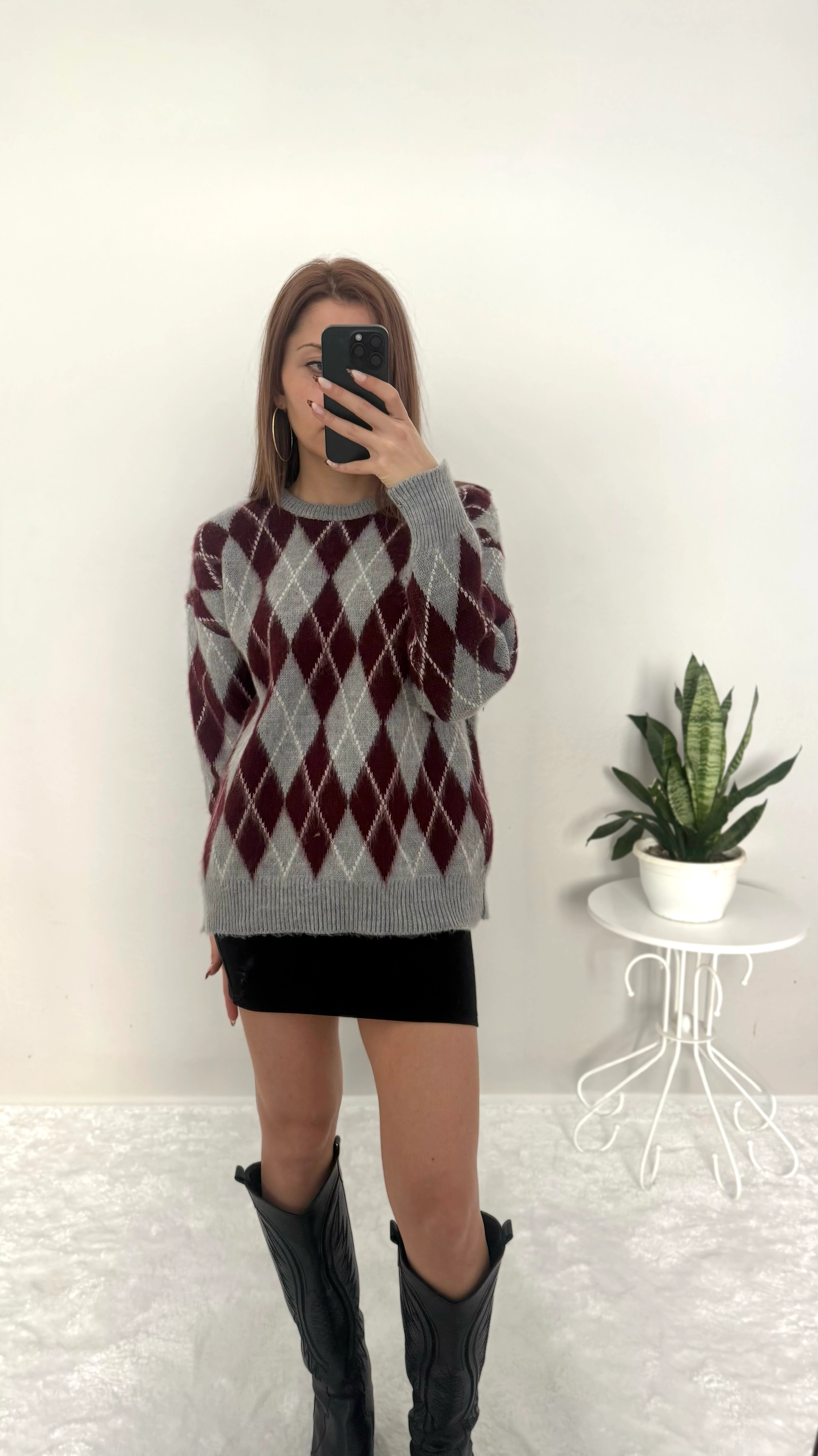 Douceur Yumuşak Dokulu Baklava Desenli Kazak - gri