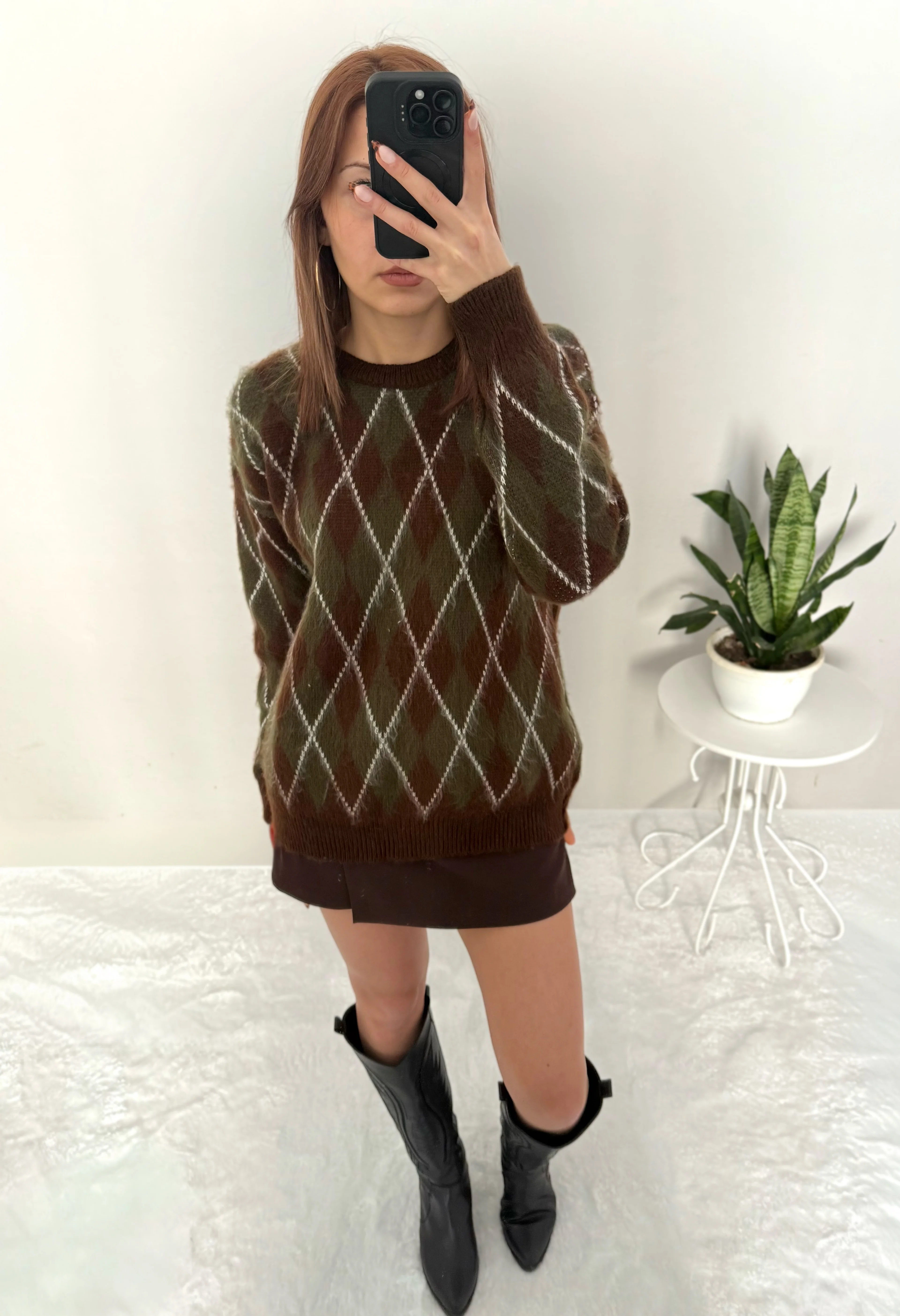 Douceur Yumuşak Dokulu Baklava Desenli Kazak - yeşil