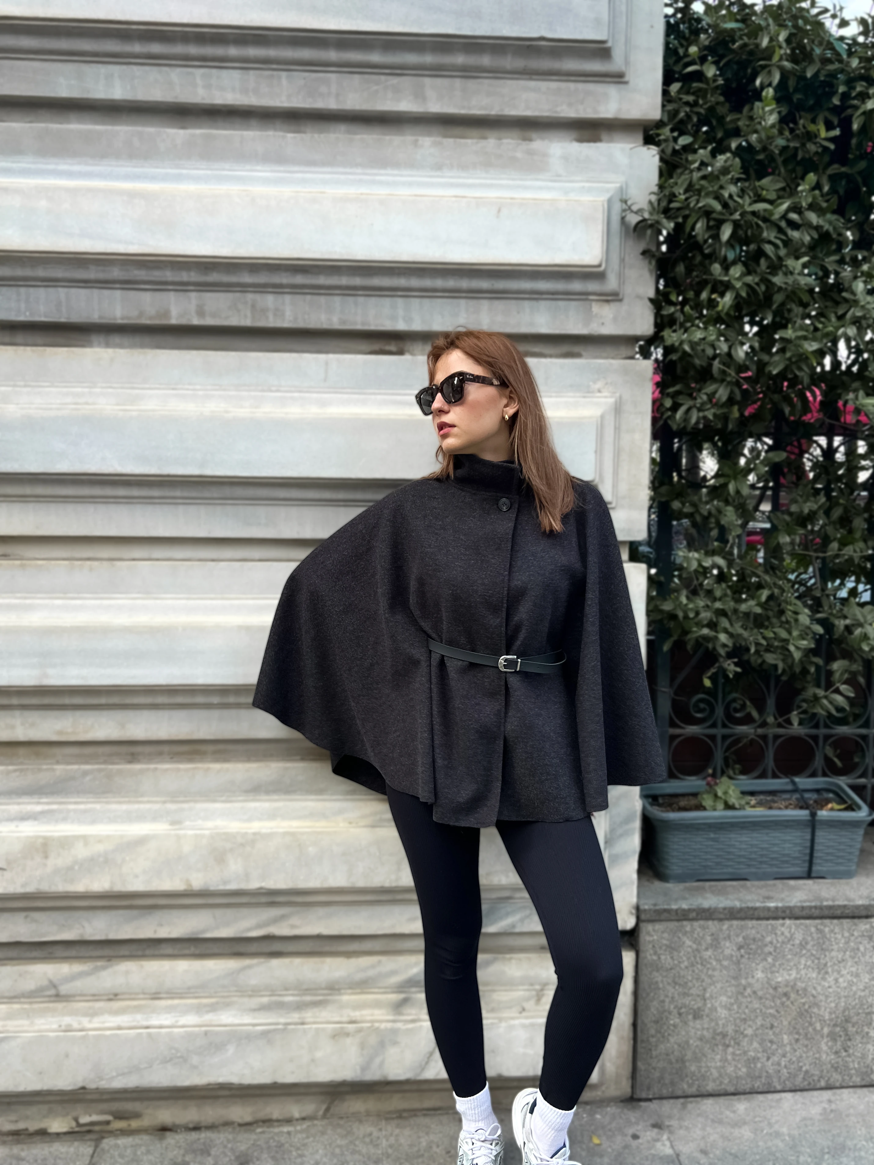 Rivière Kadın Yün Karışımlı Şık Kemerli Panço - antrasit