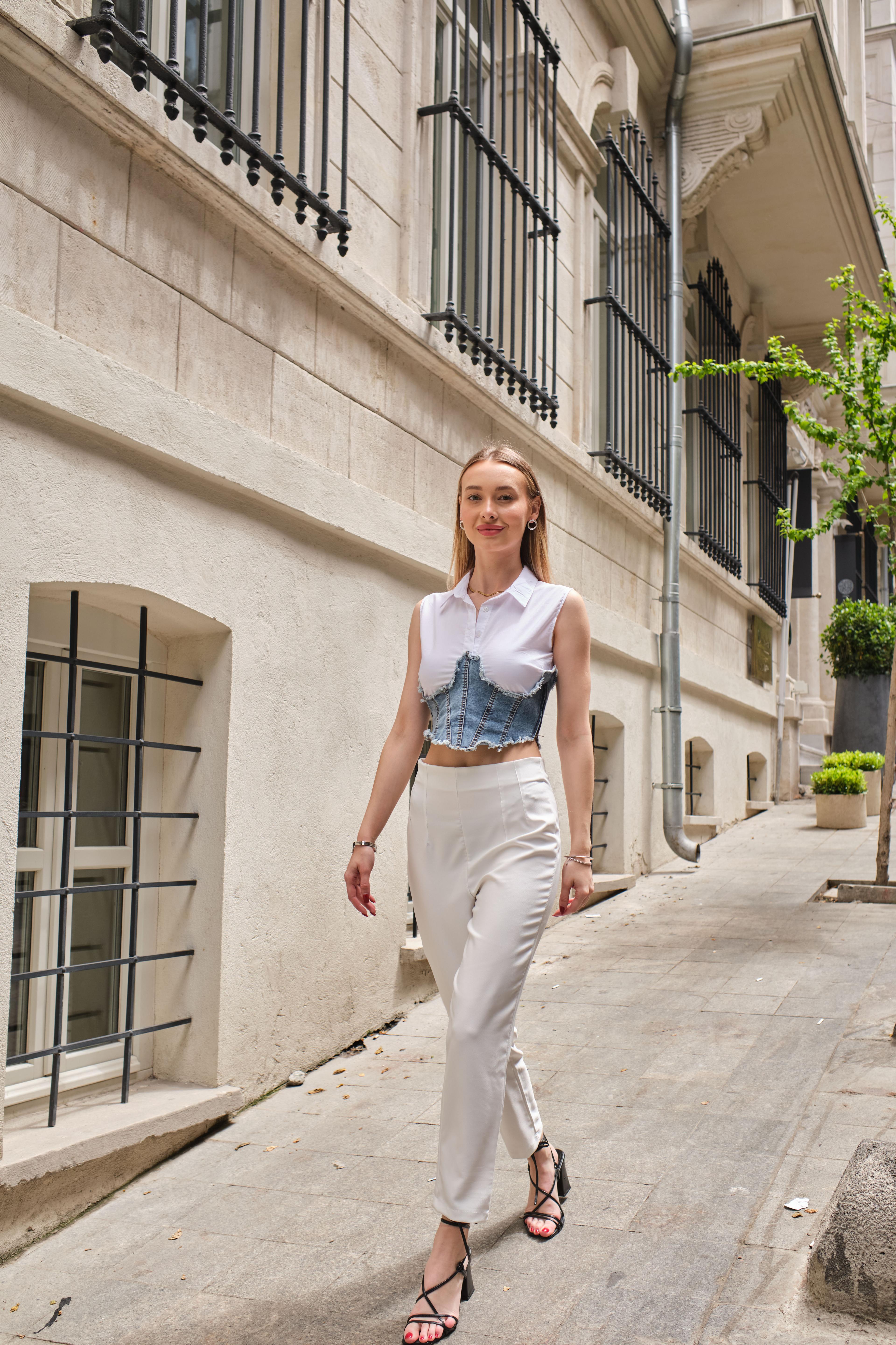 Corset Denim Blanc Kot Korse Detaylı Rahat Gömlek Crop