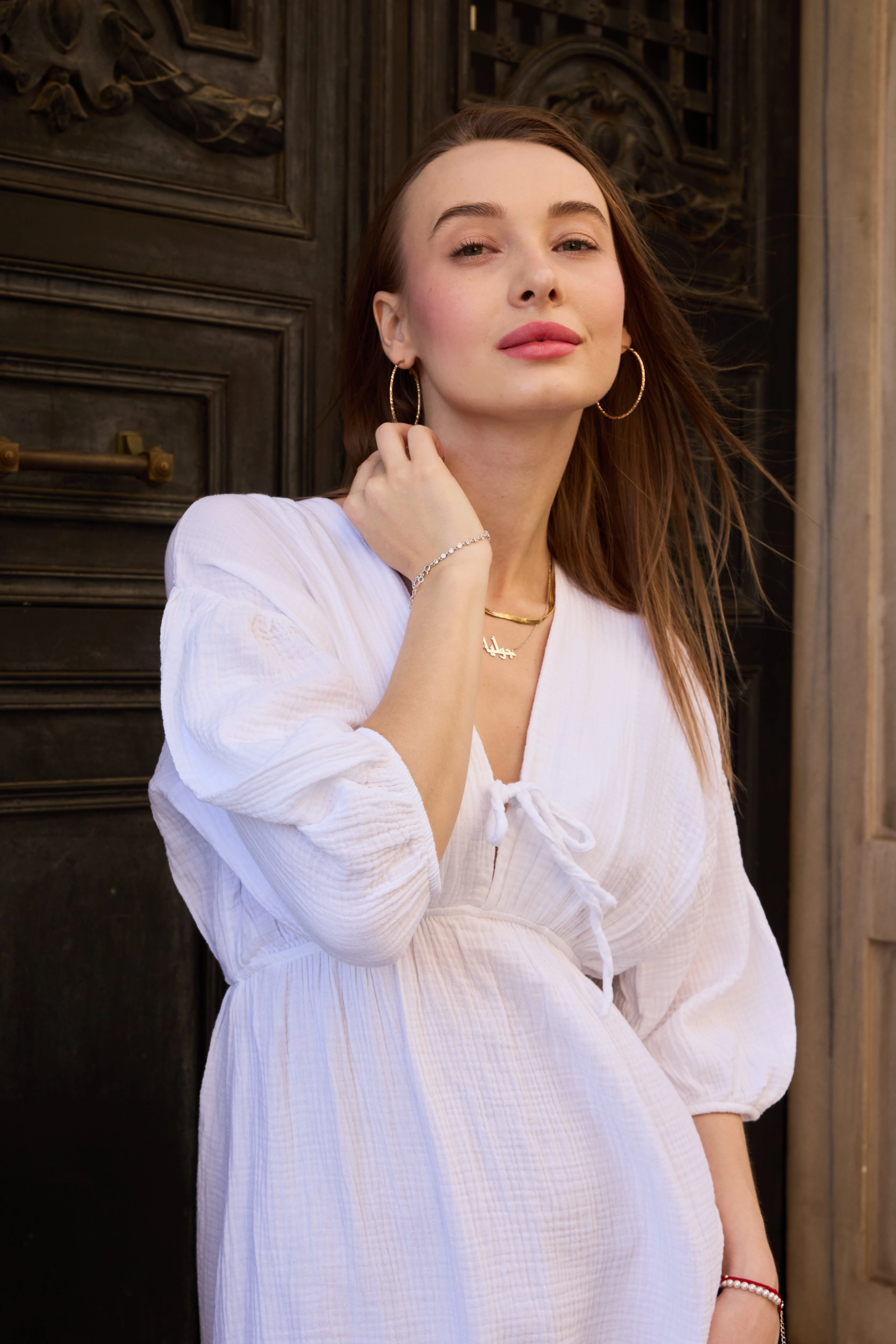  L'Ange Blanc Kadın Beyaz V Yaka Müslin Dokulu Salaş Günlük Elbise