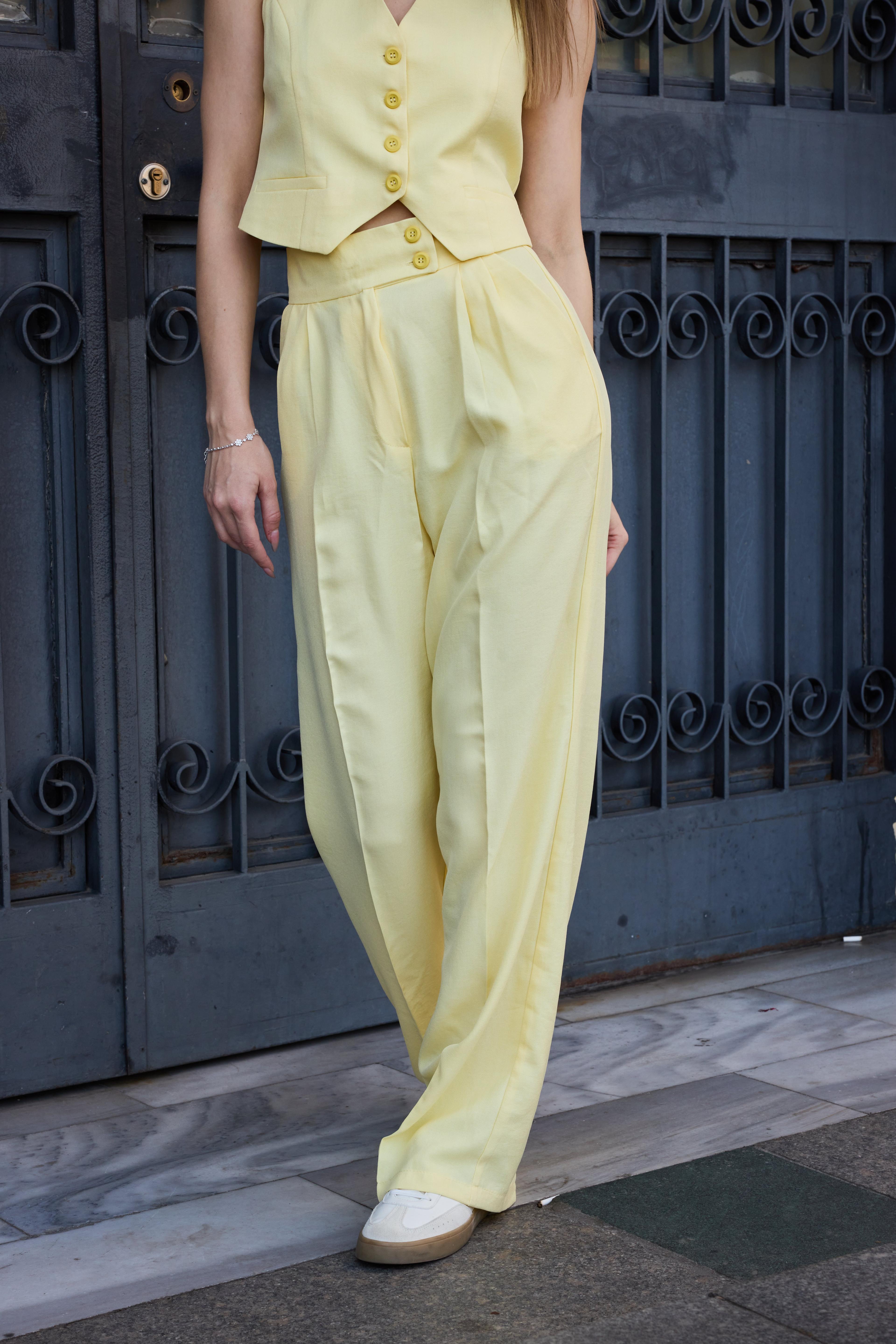 Soleil Chic Kadın Sarı Pastel Yüksek Bel Palazzo Pantolon & Yelek Takımı