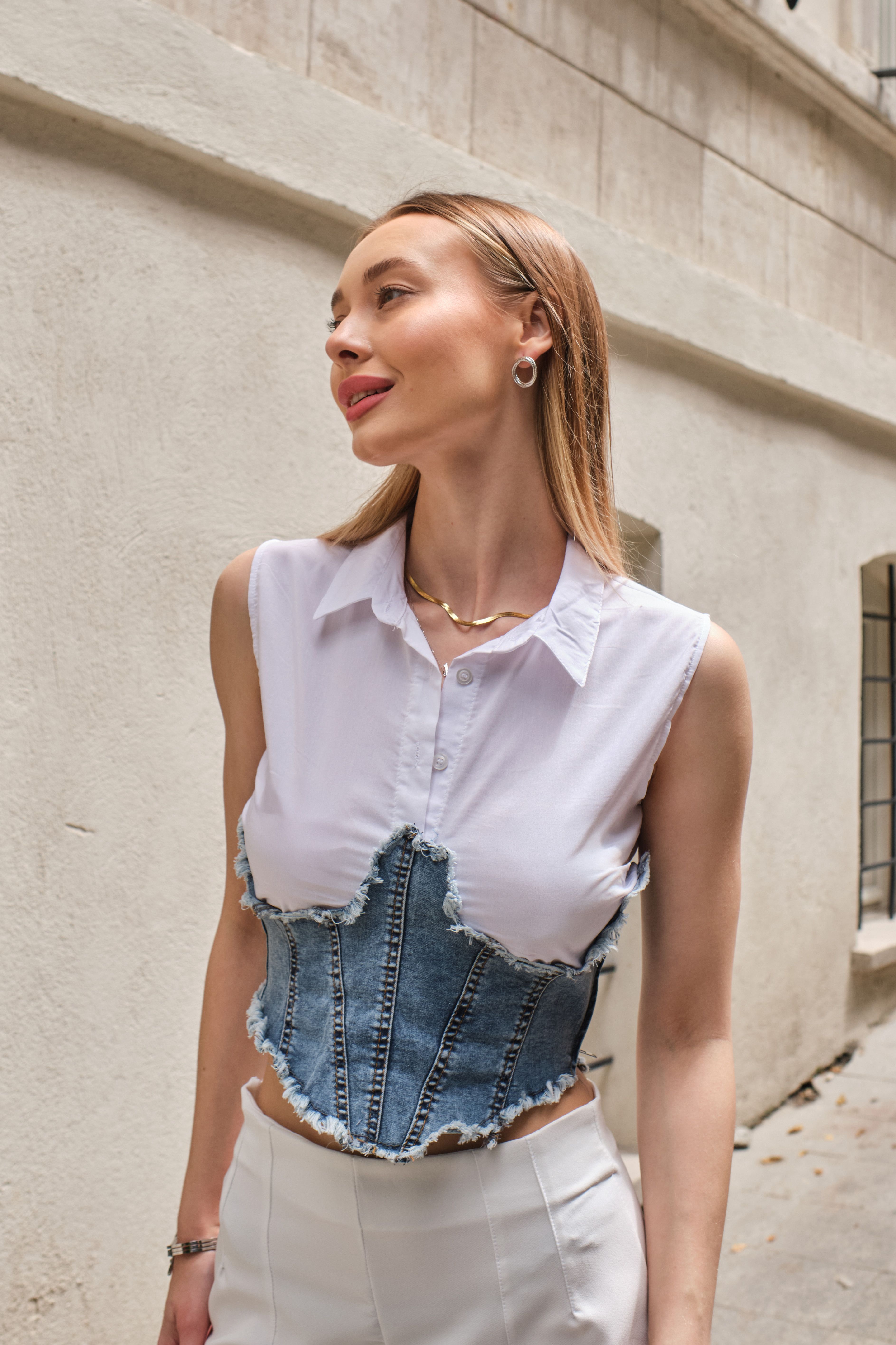 Corset Denim Blanc Kot Korse Detaylı Rahat Gömlek Crop