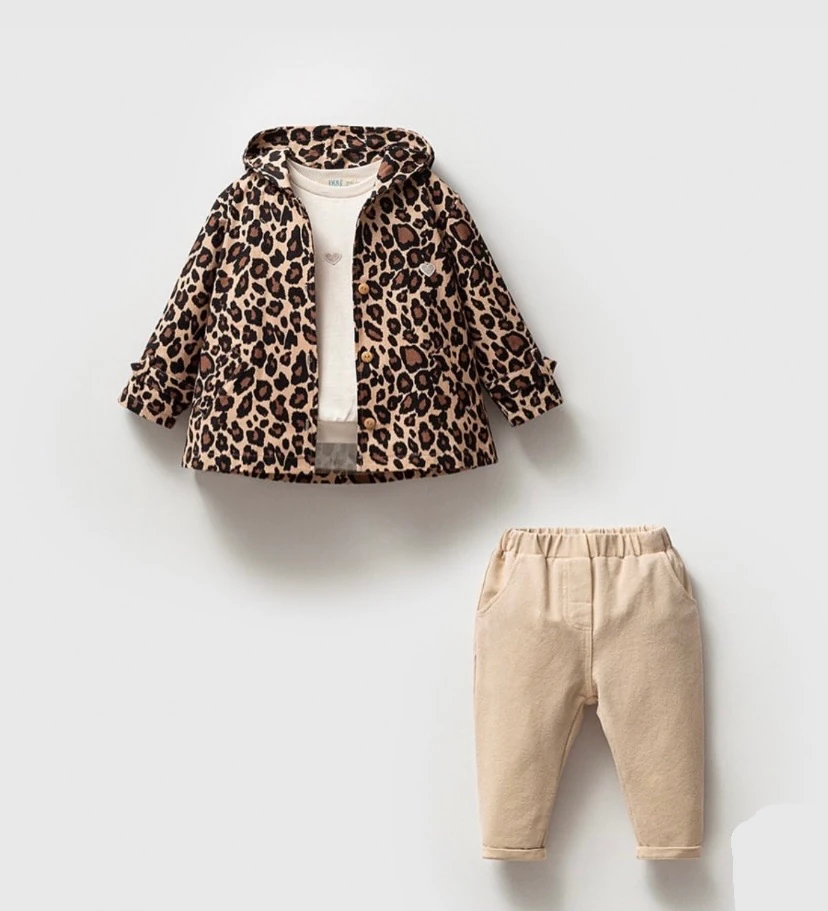Kız Bebek Leopar Trenç Sweat Pantolon 3’lü Takım