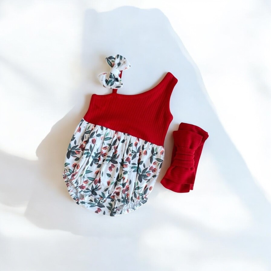 SARAH Kız Bebek Omuz Fiyonk Detay Desenli Romper Bandana Set - kırmızı