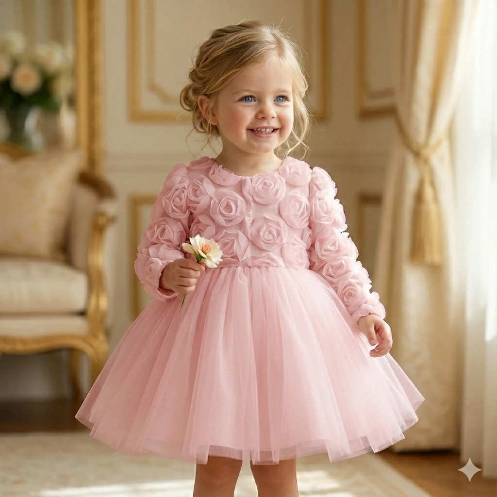 Kız Çocuk Gül Kabartma Detay Fiyonklu Elbise 