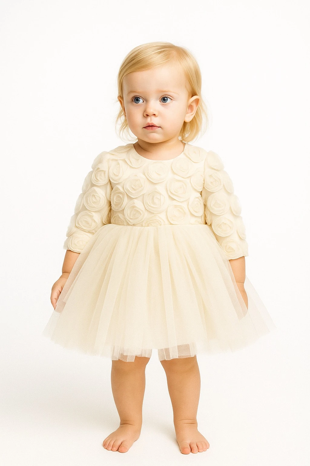 CELIA Kız Bebek Ekru Gül Kabartma Tül Elbise 