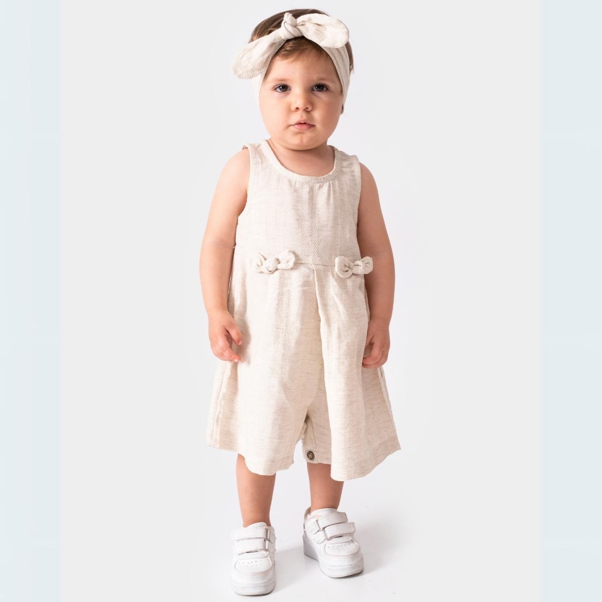 SINDY Kız Bebek Fiyonk Pileli Tulum Bandana Set - Krem