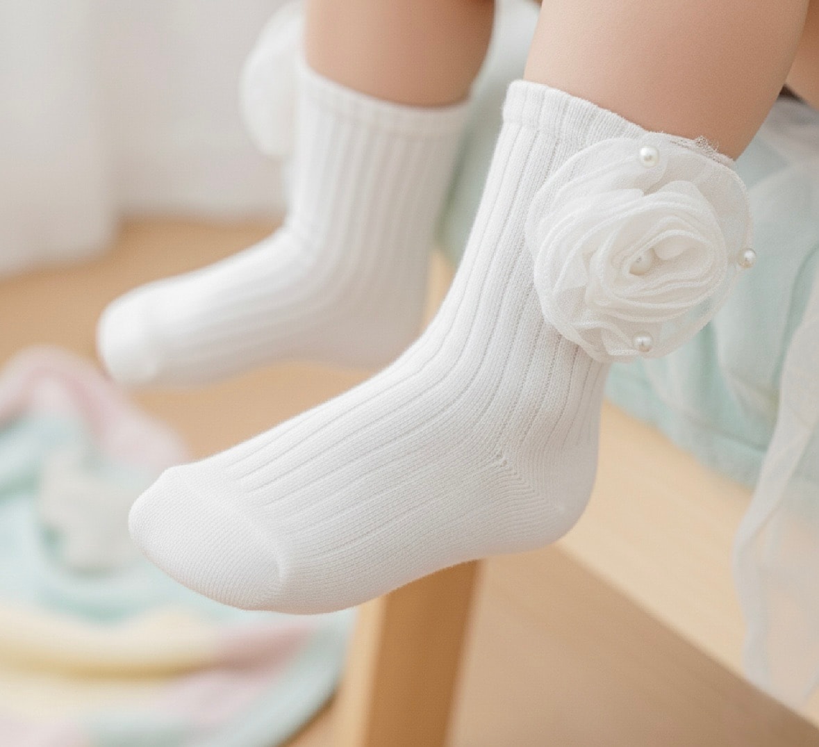 Kız Bebek Beyaz İnci Model Özel Gün Çorap