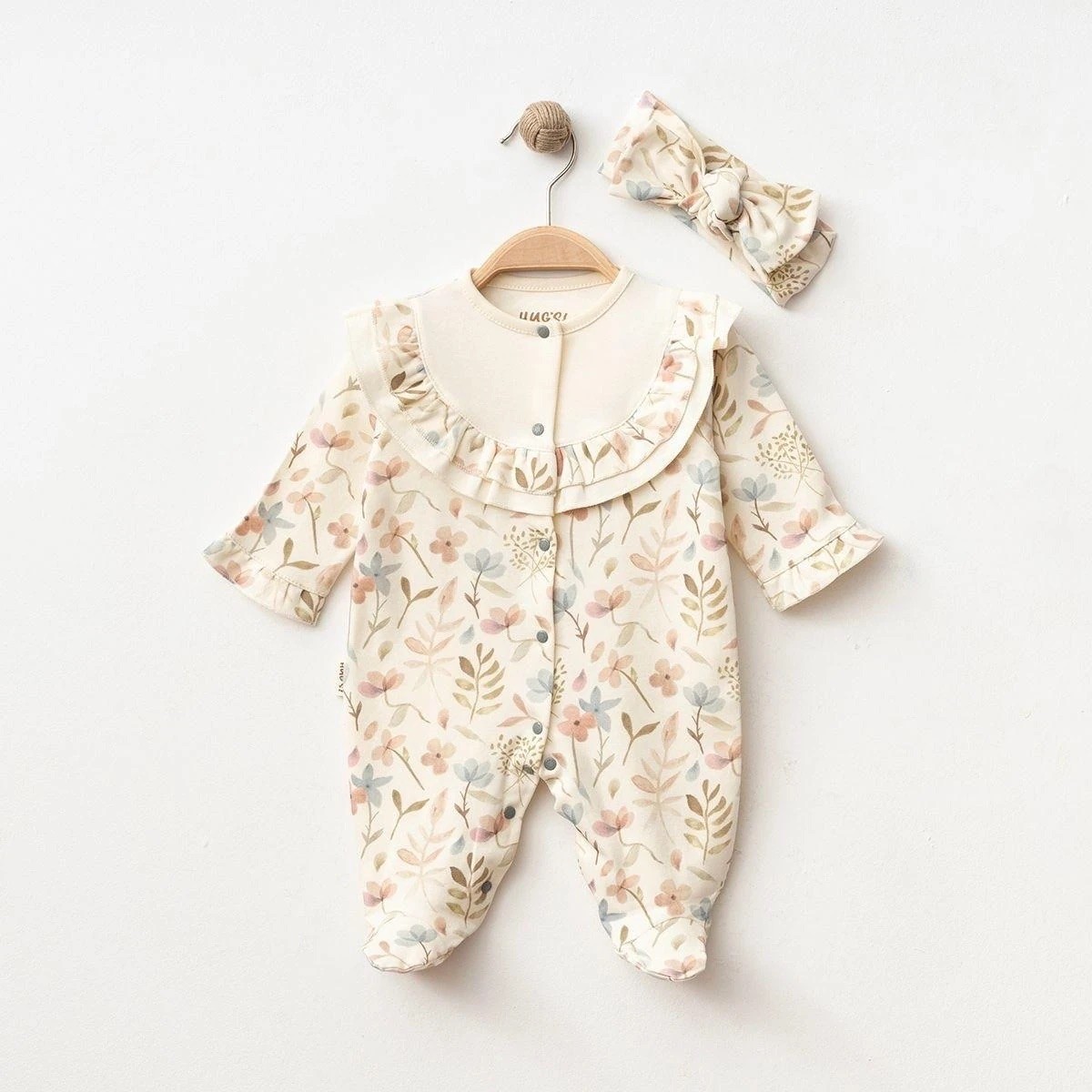 Kız Bebek Roba Fırfırlı Çiçekli Tulum Set  - Krem