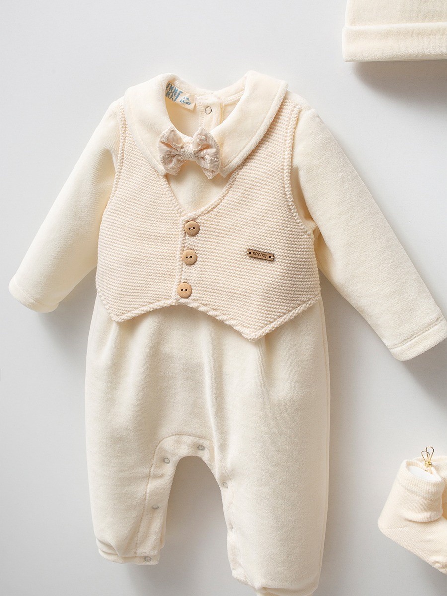 Erkek Bebek Premium Kadife Tulum Bere Çorap  Özel Kutulu Set  (3-6 ay  )