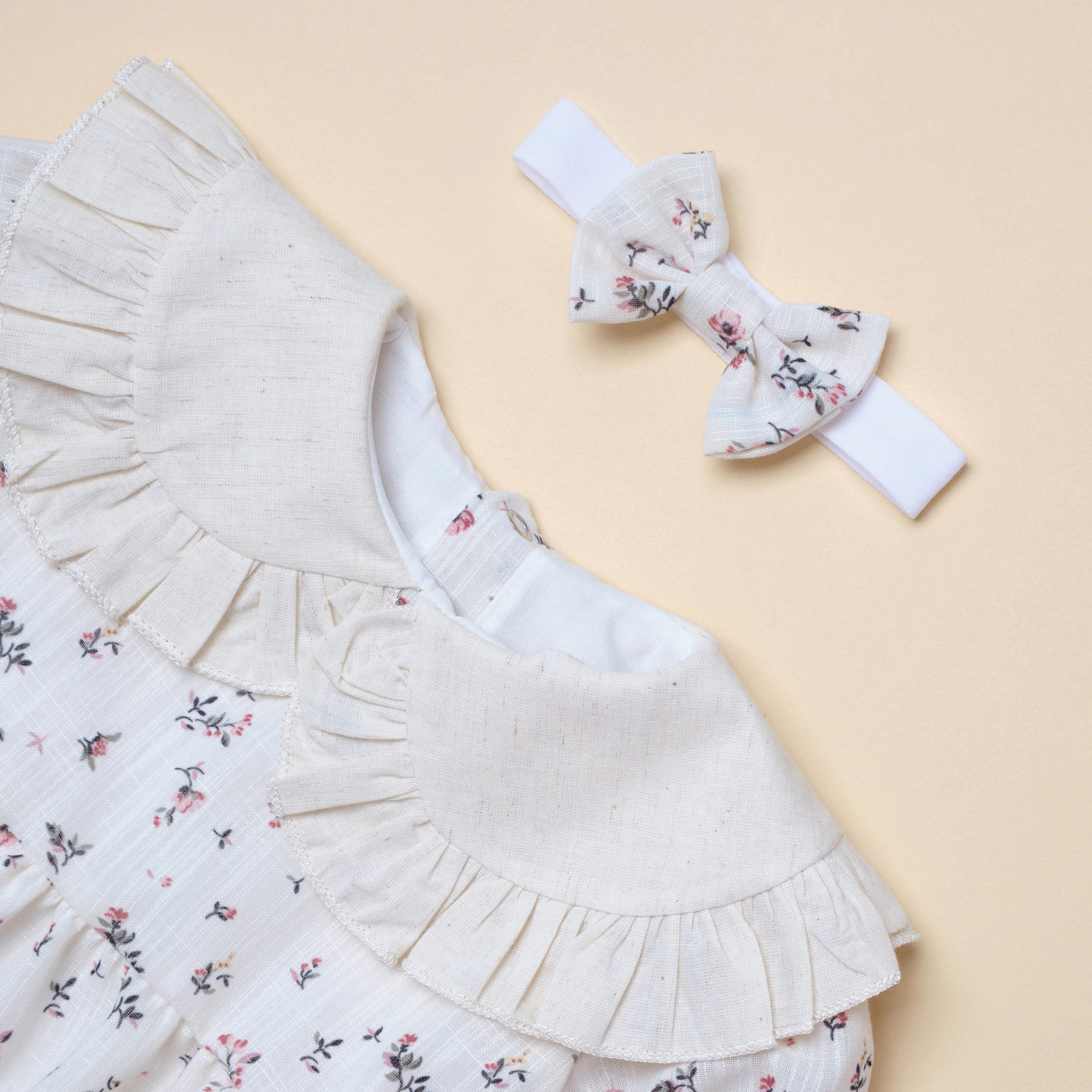 FLOWER Kısa Kol Çıtır Desenli Bebe Yaka Romper Bandana Set