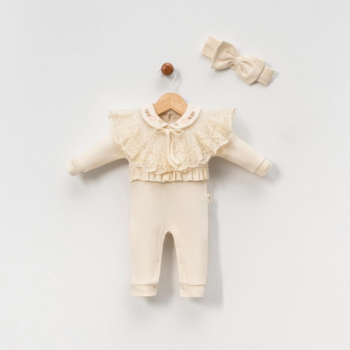 Kız Bebek Dantelli Bebe Yaka Tulum Bandana Set