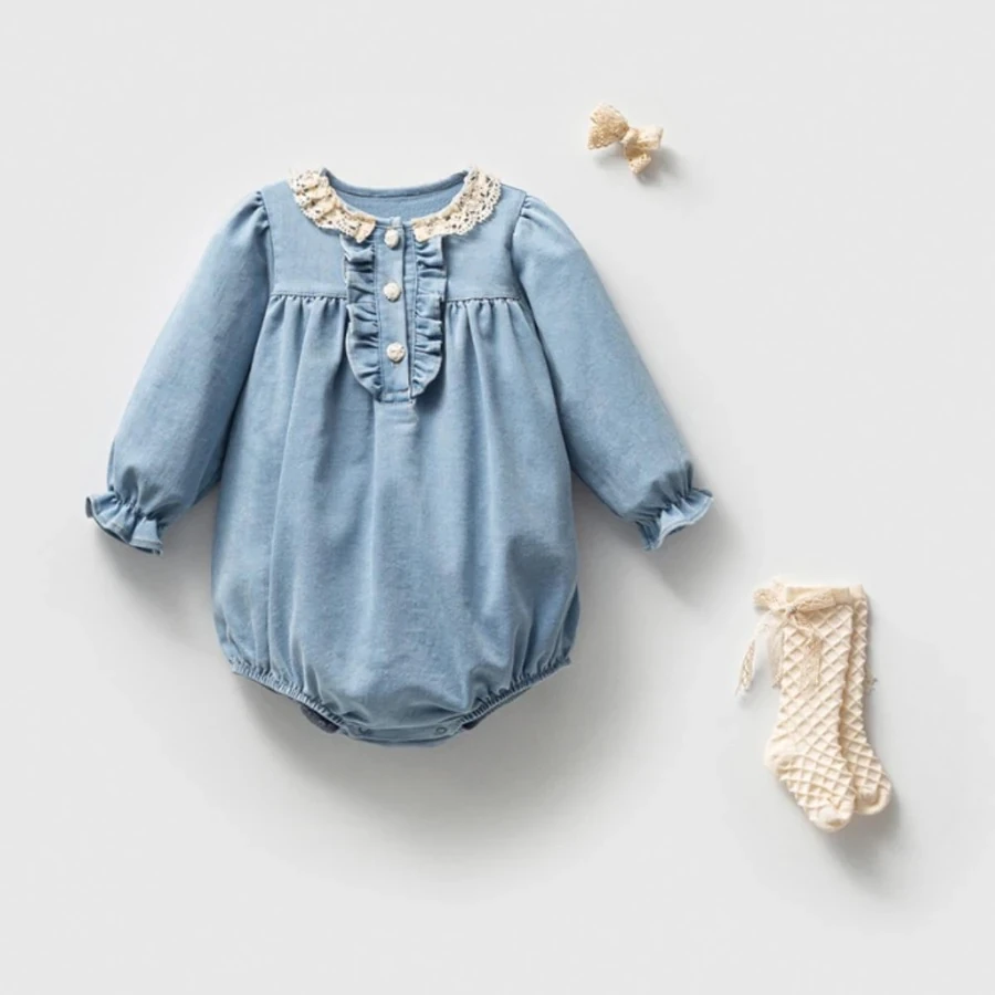 Katie Kız BeBek Denim Romper Çorap Toka Set 