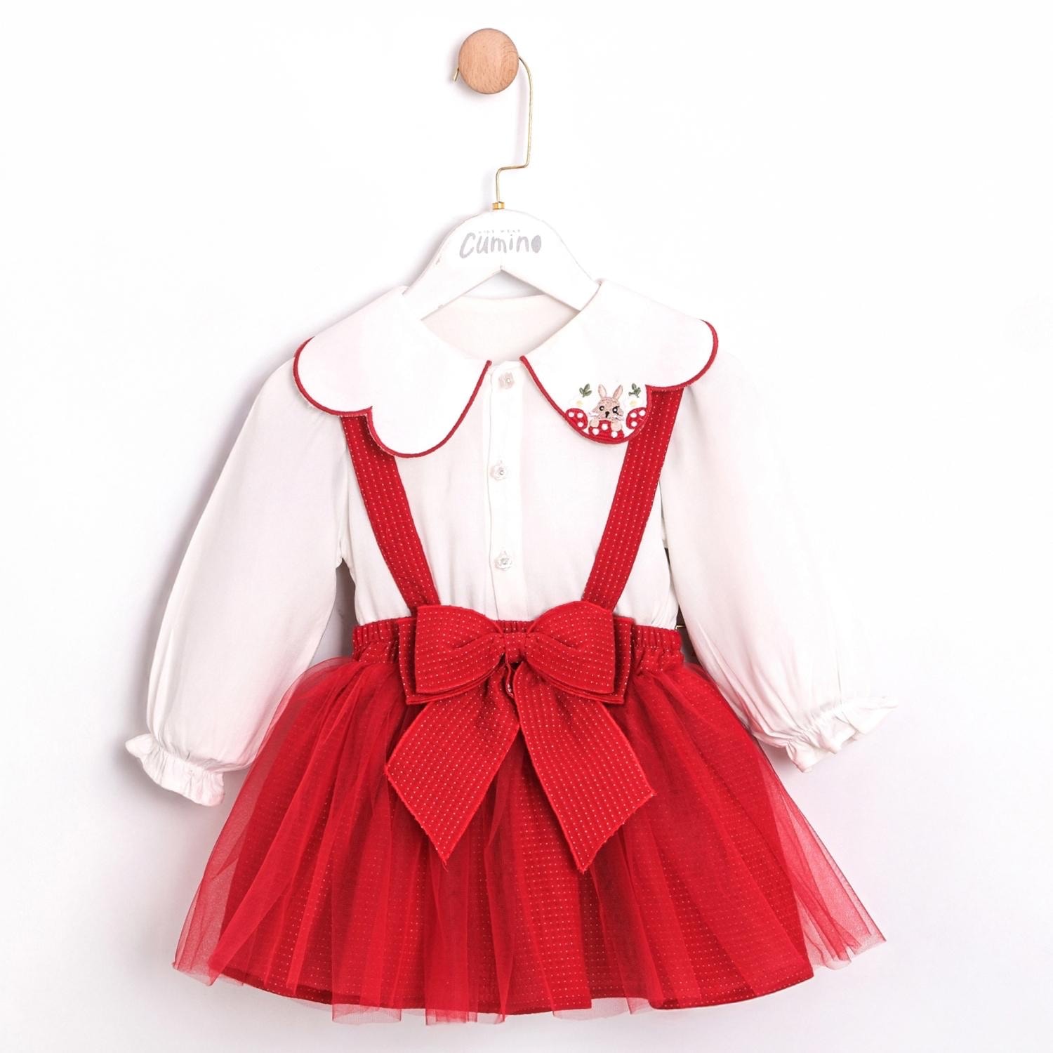 Rubis Kız Çocuk Kırmızı Tütülü Tavşan Nakışlı Gömlek&Elbise Set