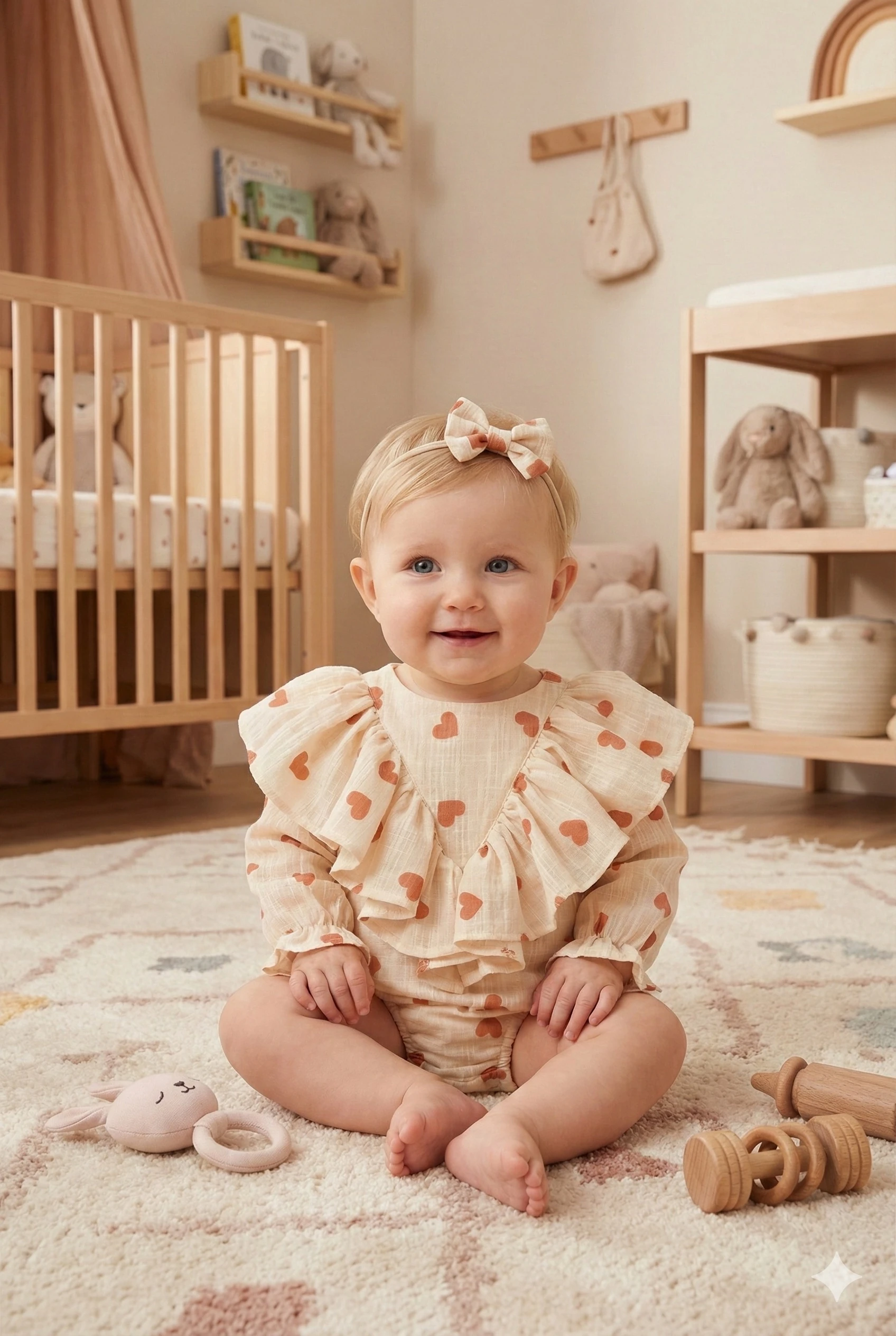 LOVE Kalp Detay Fırfırlı Keten Romper Bandana Set 