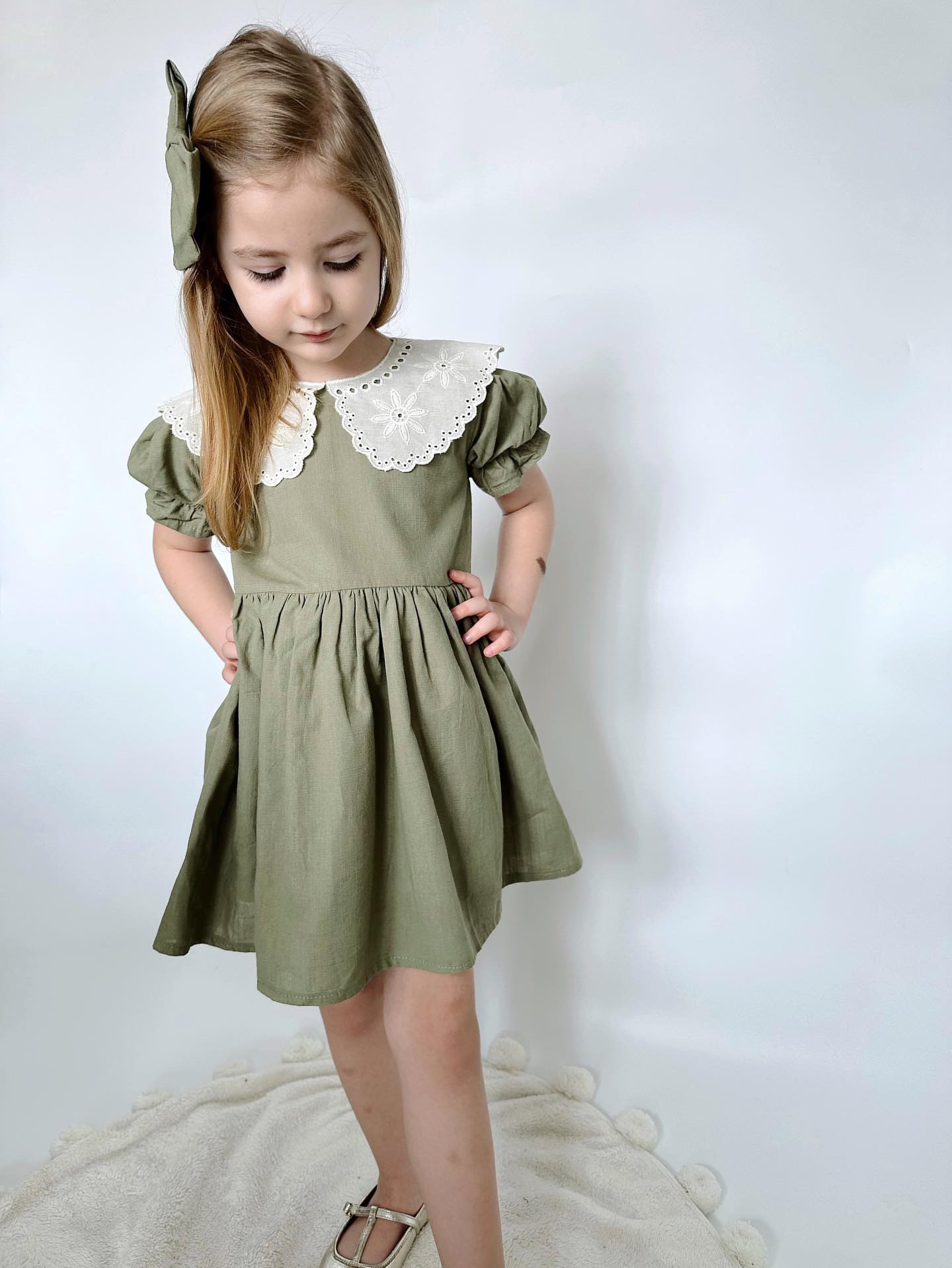 LUCIA Fisto Bebe Yaka Detaylı Keten Kumaş Elbise Kurdele Pens Toka Set - Haki Yeşil