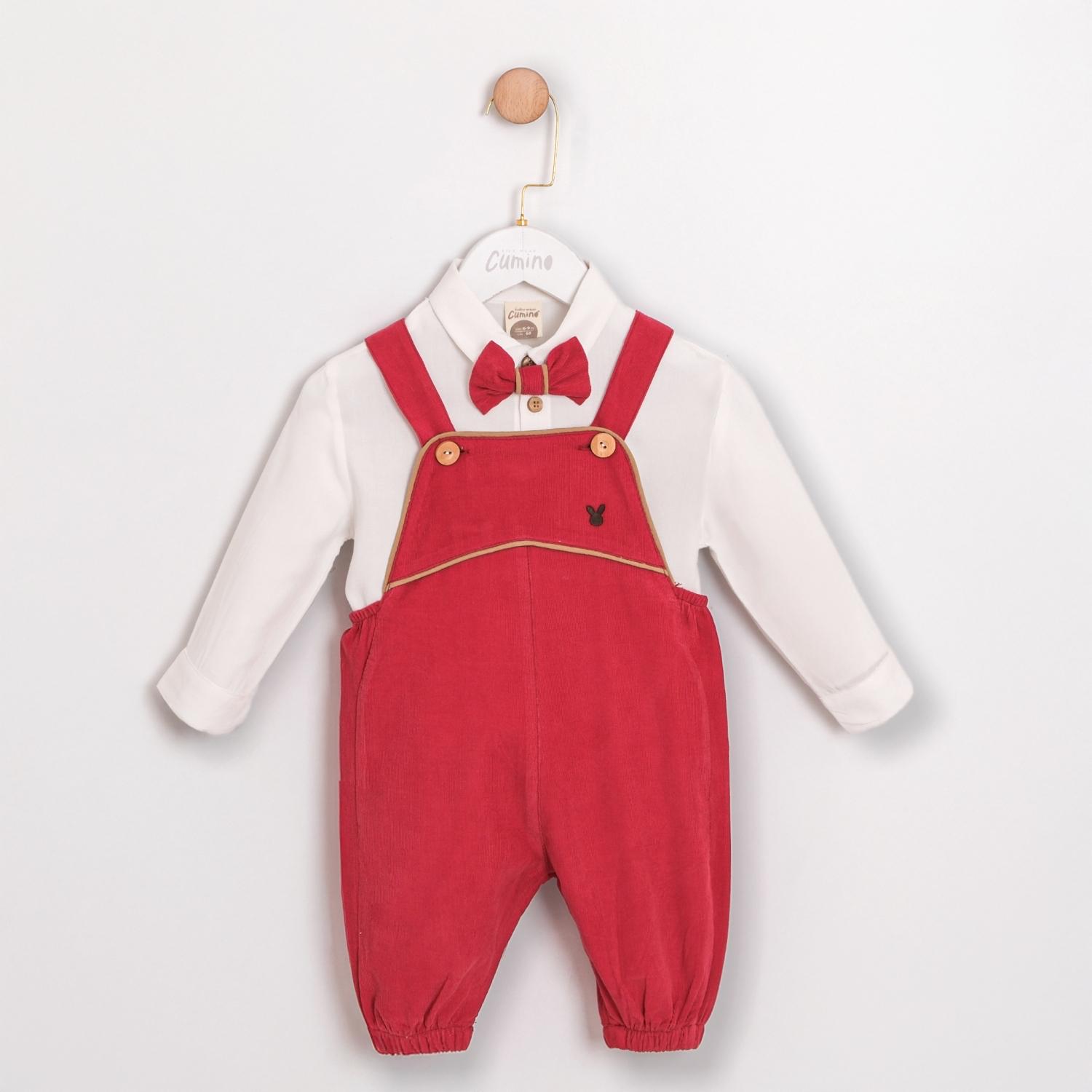 PETIT CHIC Erkek Bebek Kadife Kumaş 3’lü Salopet Takım  - kırmızı